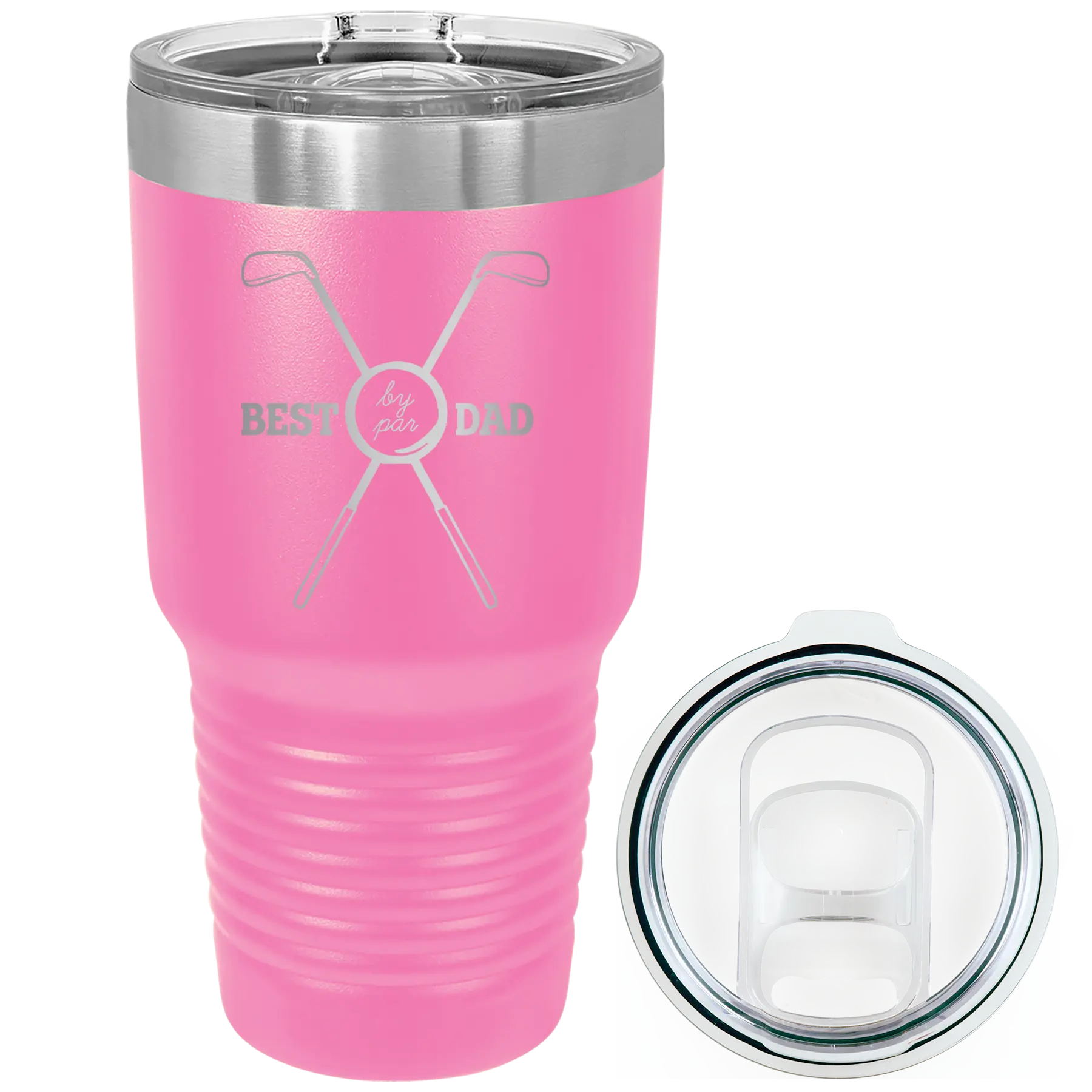Laser etched pink 30 oz vacuum insulated tumbler with 'By Par' design