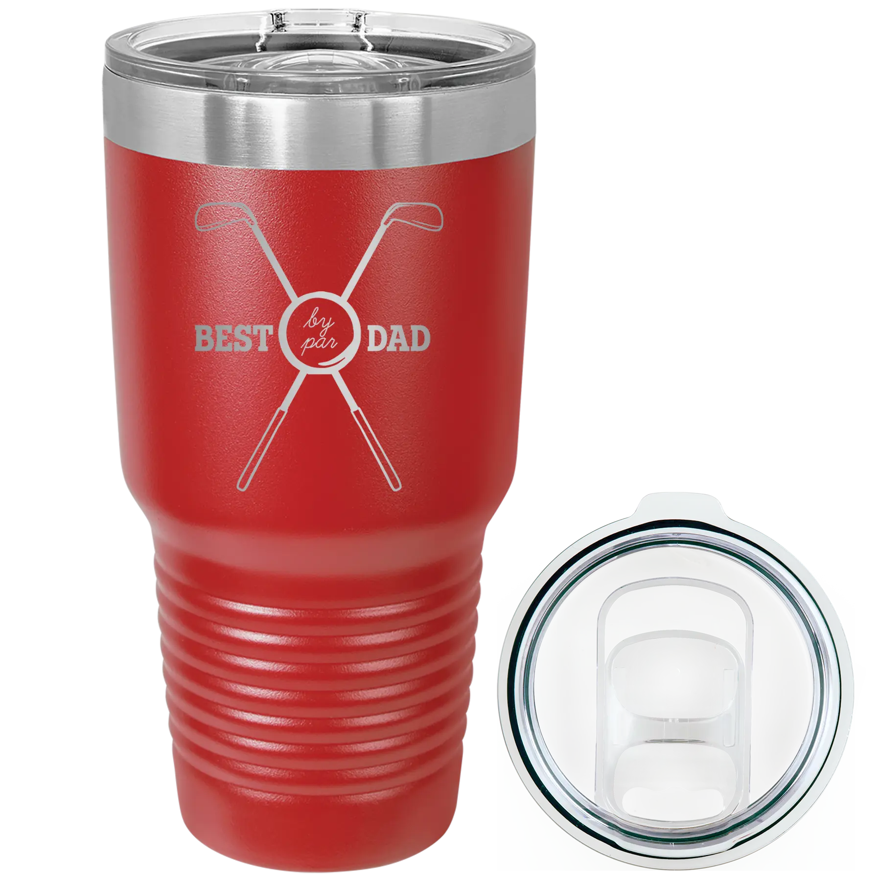Laser etched red 30 oz vacuum insulated tumbler with 'By Par' design