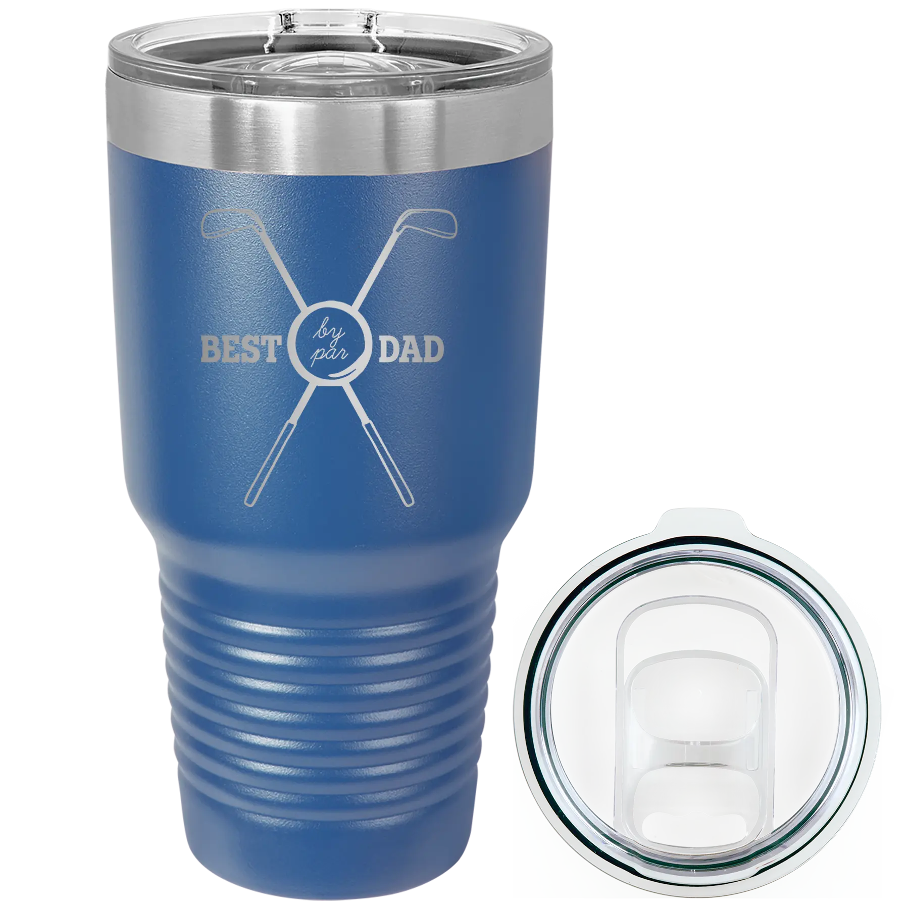 Laser etched royal blue 30 oz vacuum insulated tumbler with 'By Par' design