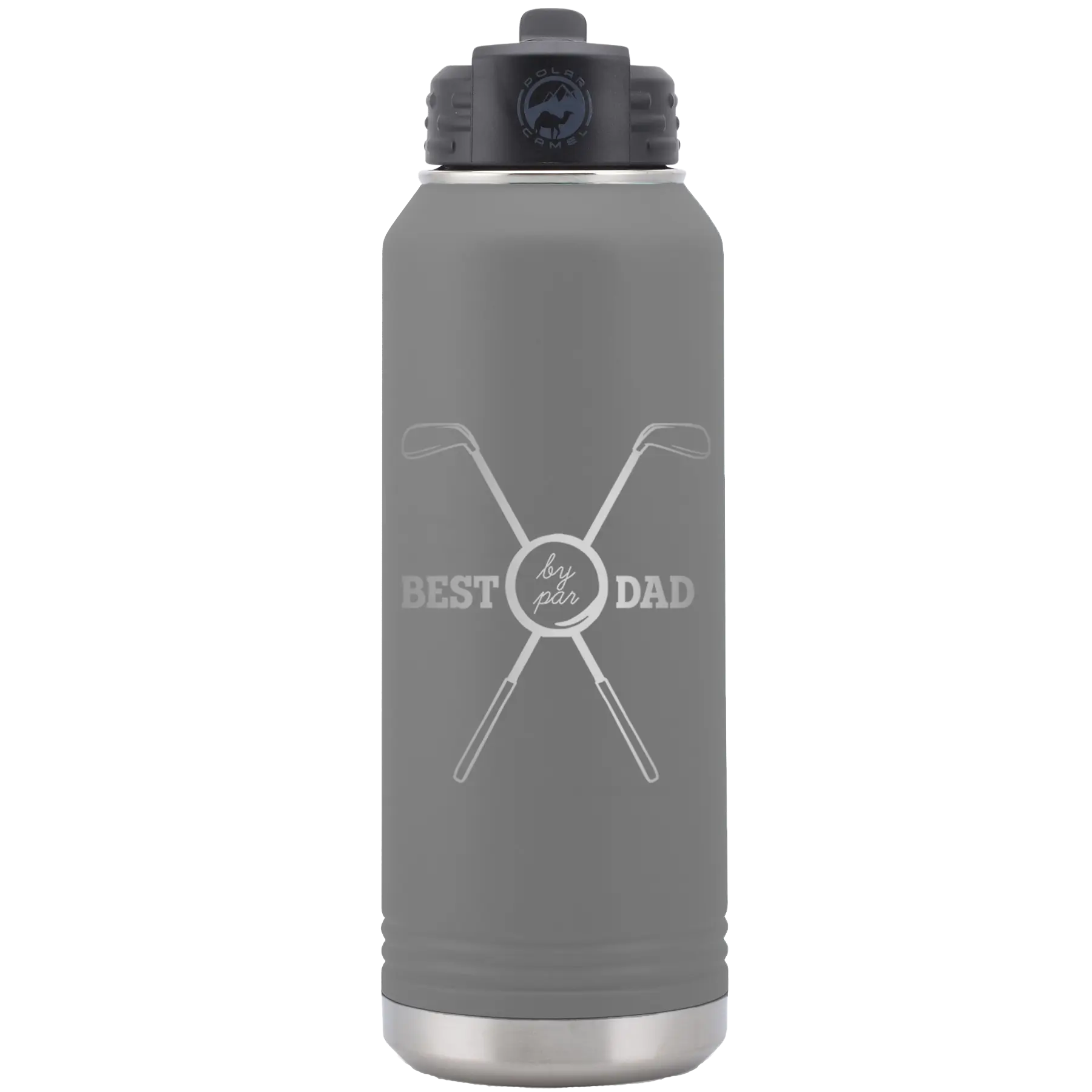 Laser etched dark gray 32 oz vacuum insulated water bottle with 'By Par' design