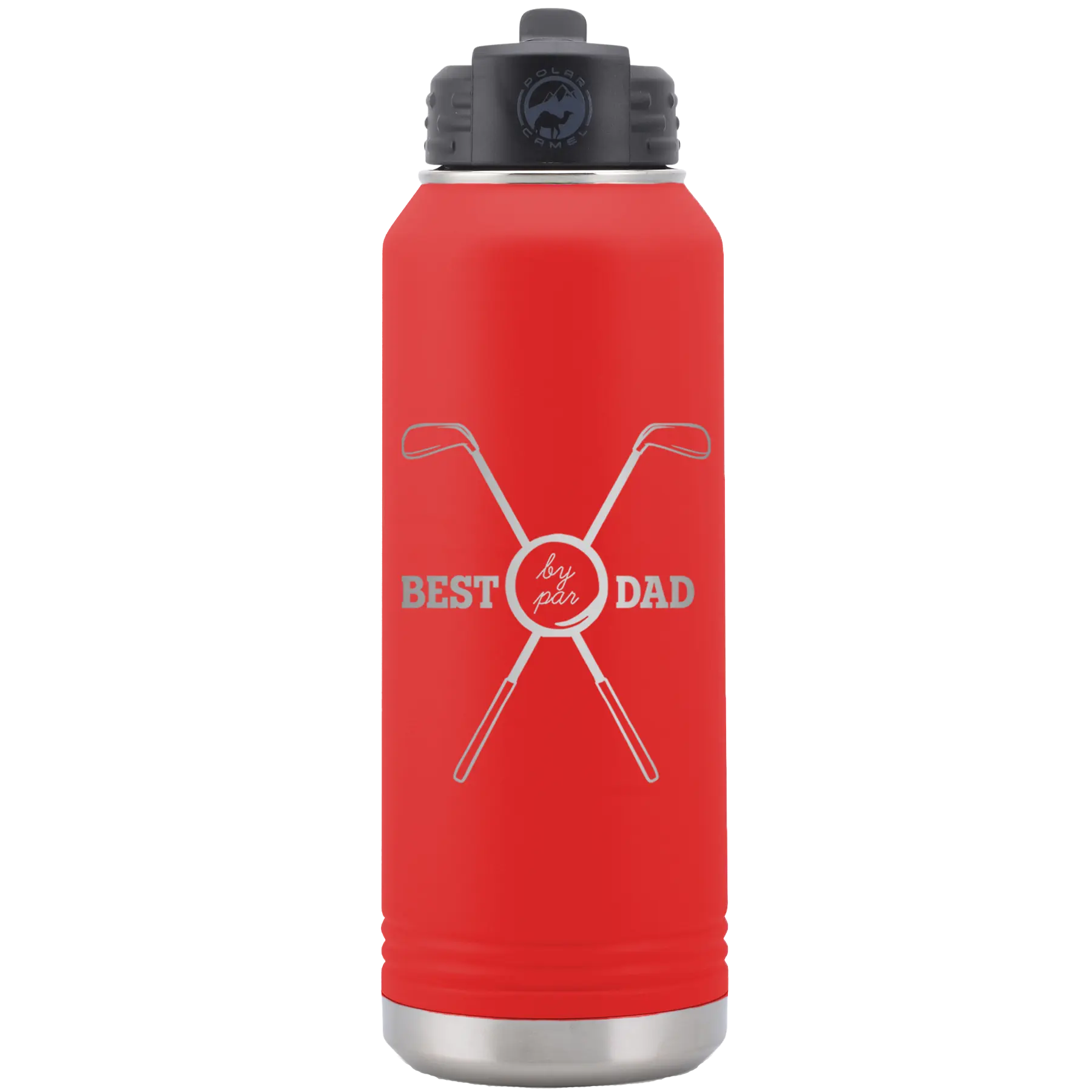 Laser etched red 32 oz vacuum insulated water bottle with 'By Par' design