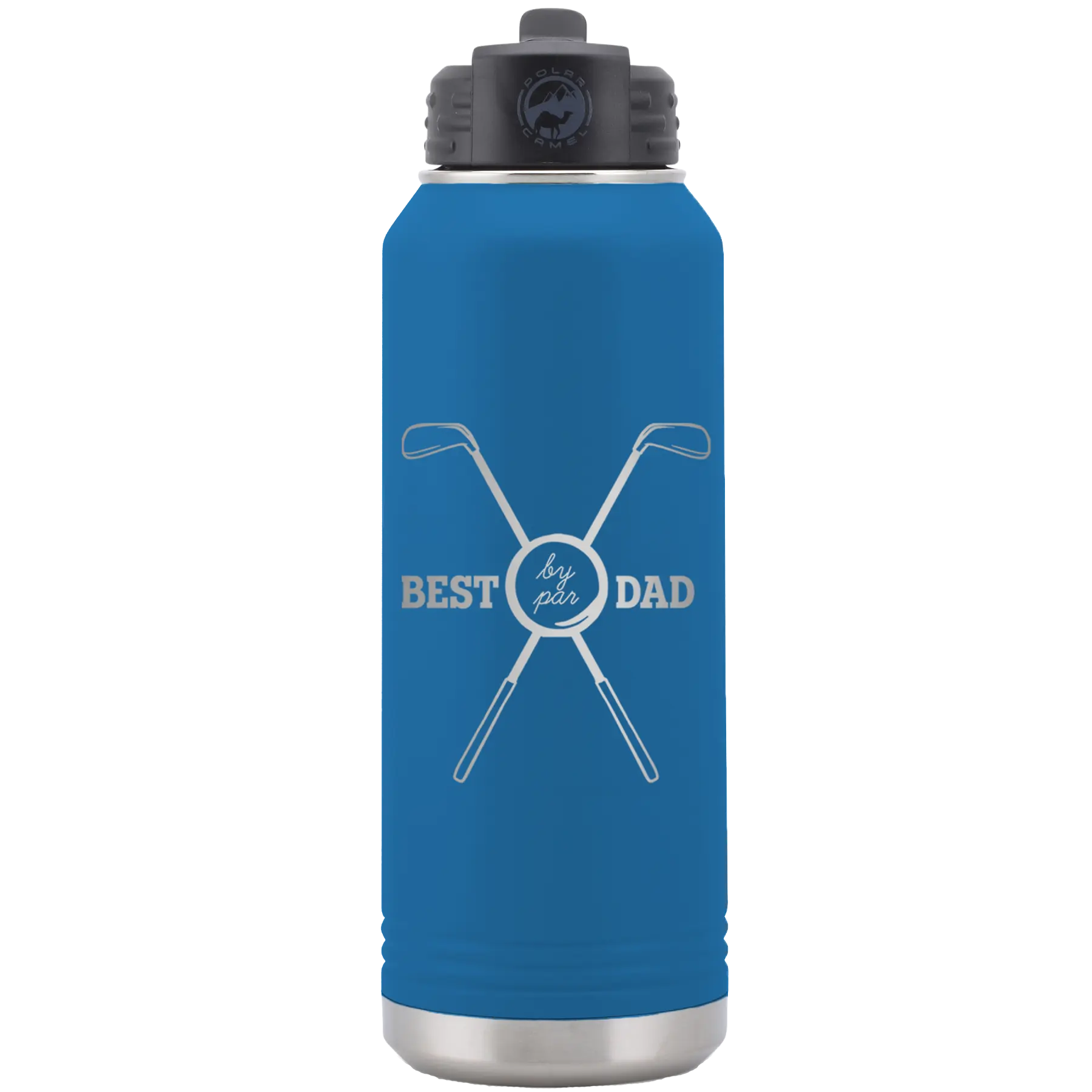 Laser etched royal blue 32 oz vacuum insulated water bottle with 'By Par' design