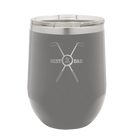 Personalized dark gray 12 oz vacuum insulated wine cup with etched 'By Par' design