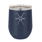 Personalized navy 12 oz vacuum insulated wine cup with etched 'By Par' design