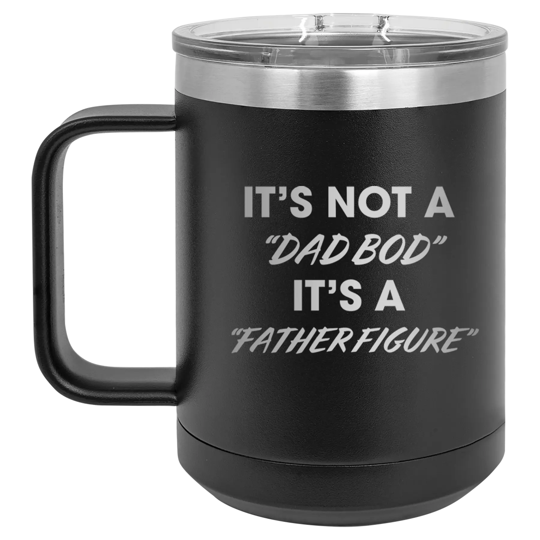 Personalized black 15 oz vacuum insulated coffee mug with etched 'Dad Bod' design