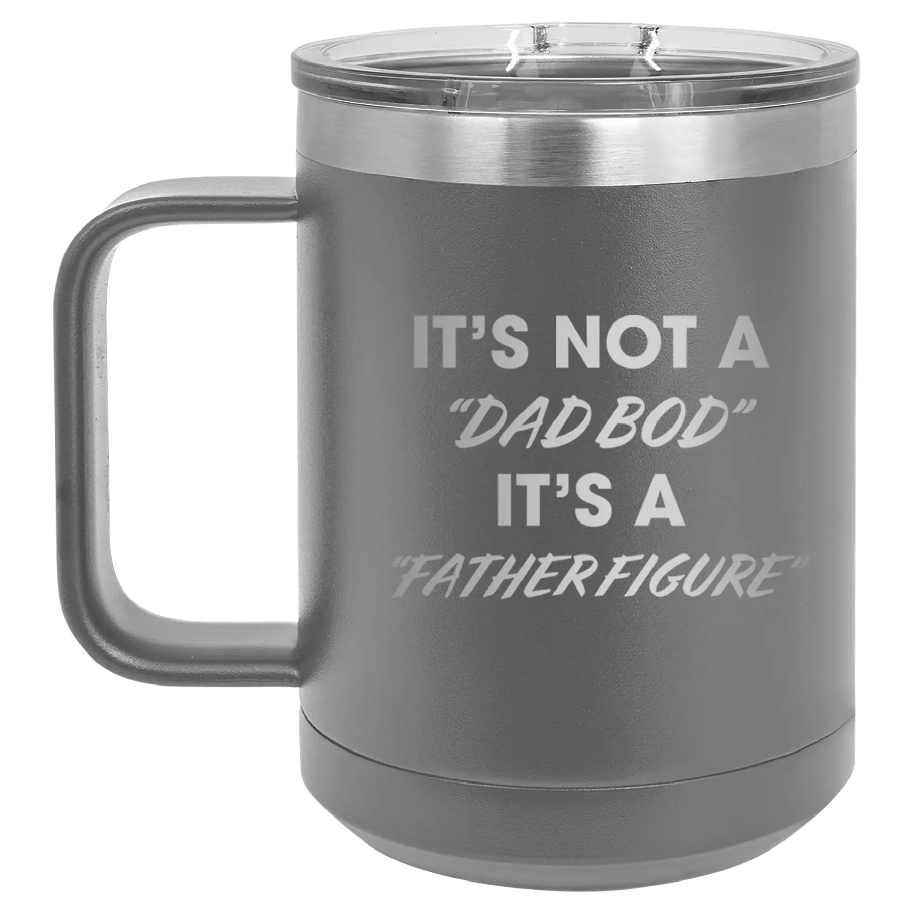 Personalized dark gray 15 oz vacuum insulated coffee mug with etched 'Dad Bod' design