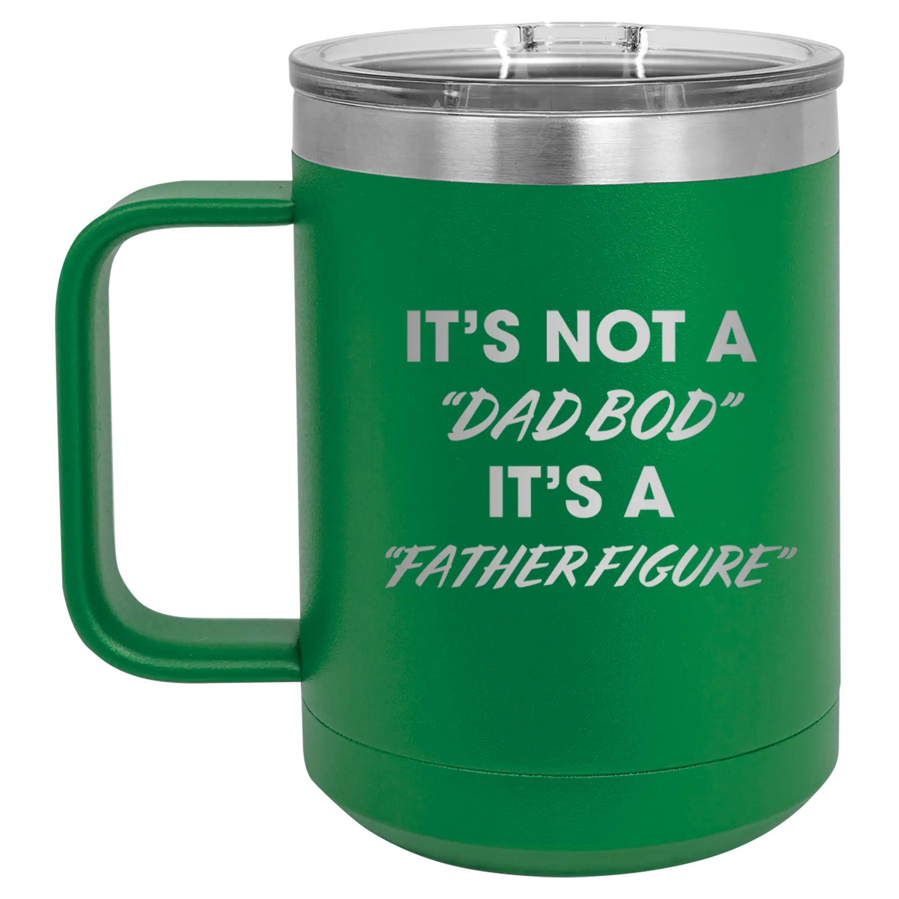 Personalized green 15 oz vacuum insulated coffee mug with etched 'Dad Bod' design
