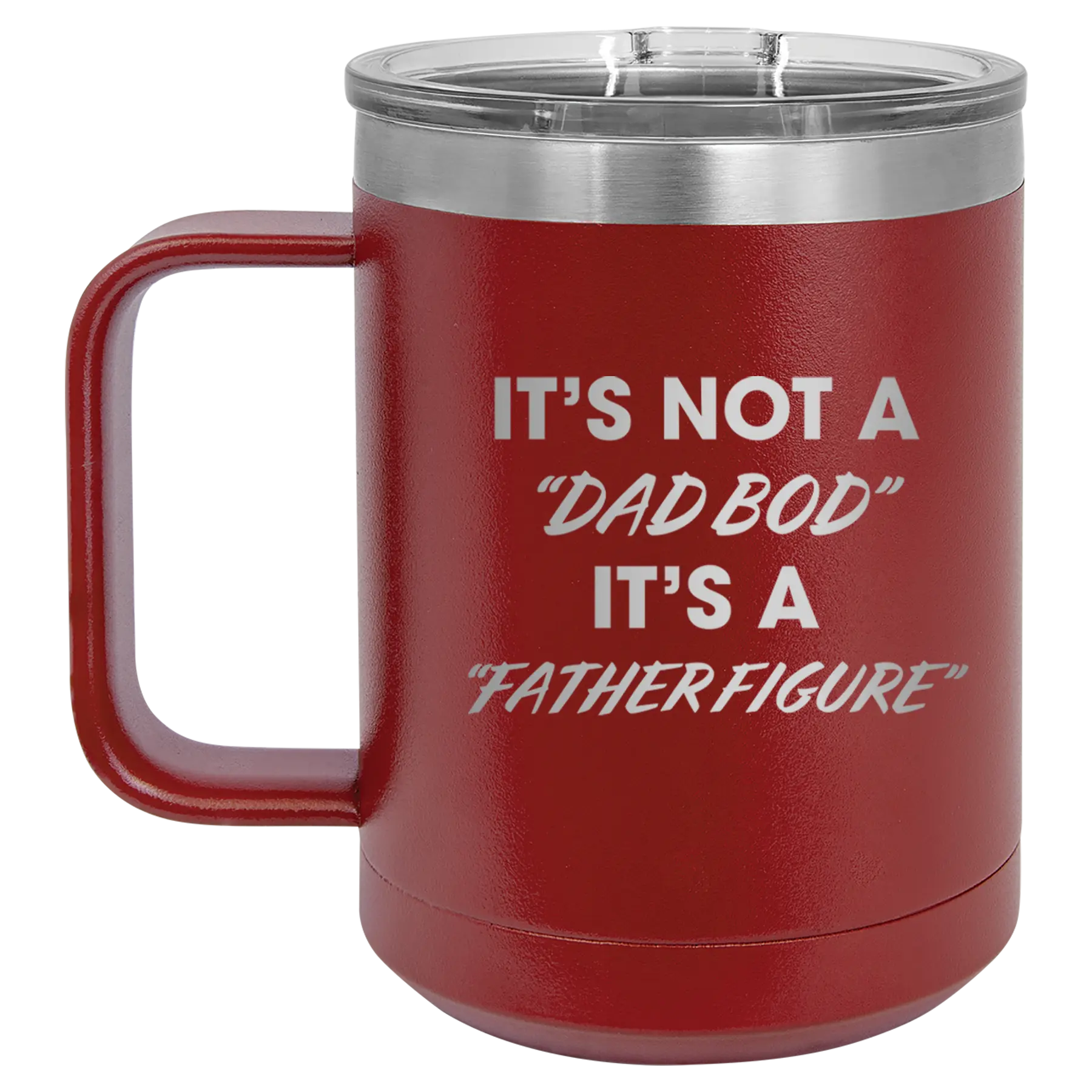 Personalized maroon 15 oz vacuum insulated coffee mug with etched 'Dad Bod' design