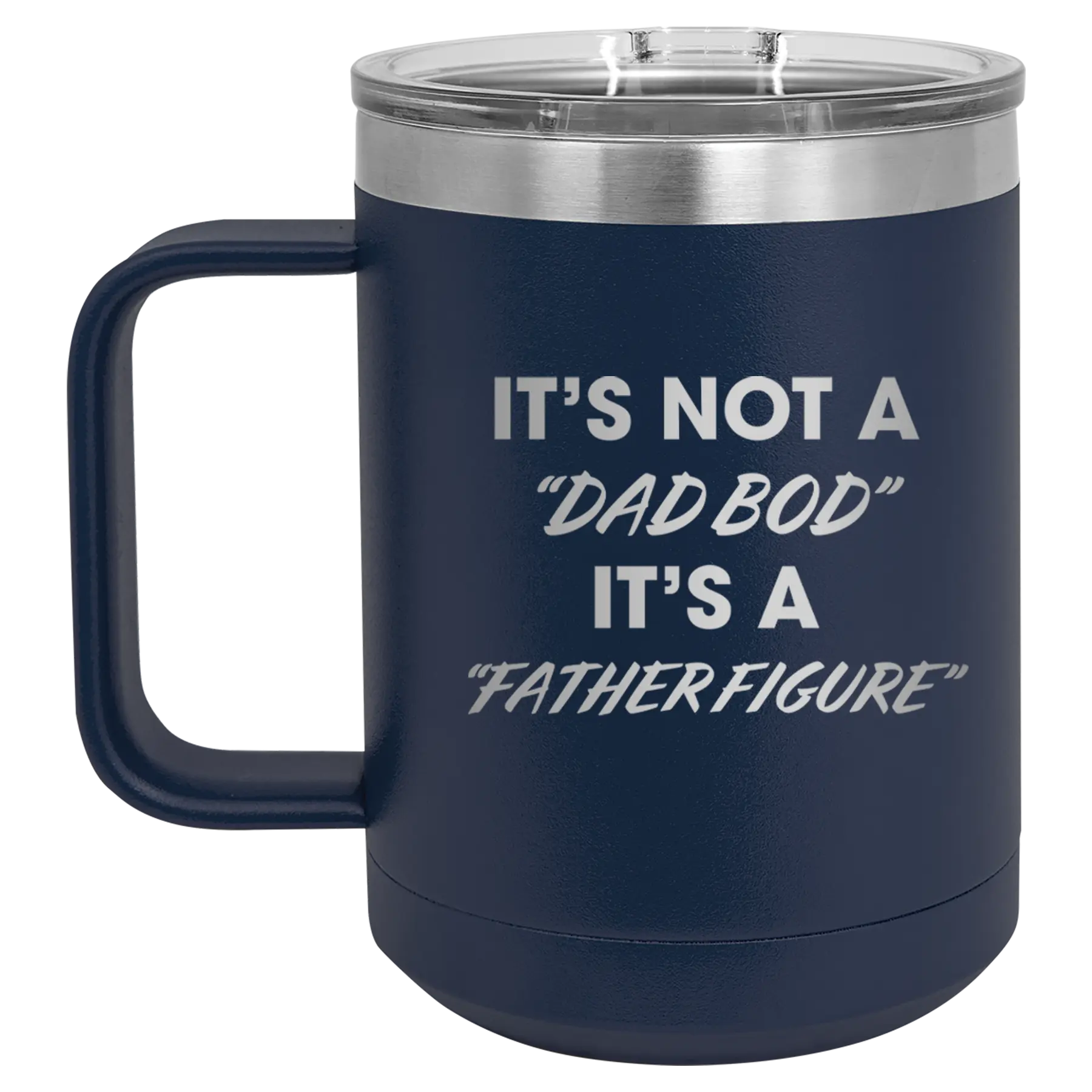 Personalized navy 15 oz vacuum insulated coffee mug with etched 'Dad Bod' design