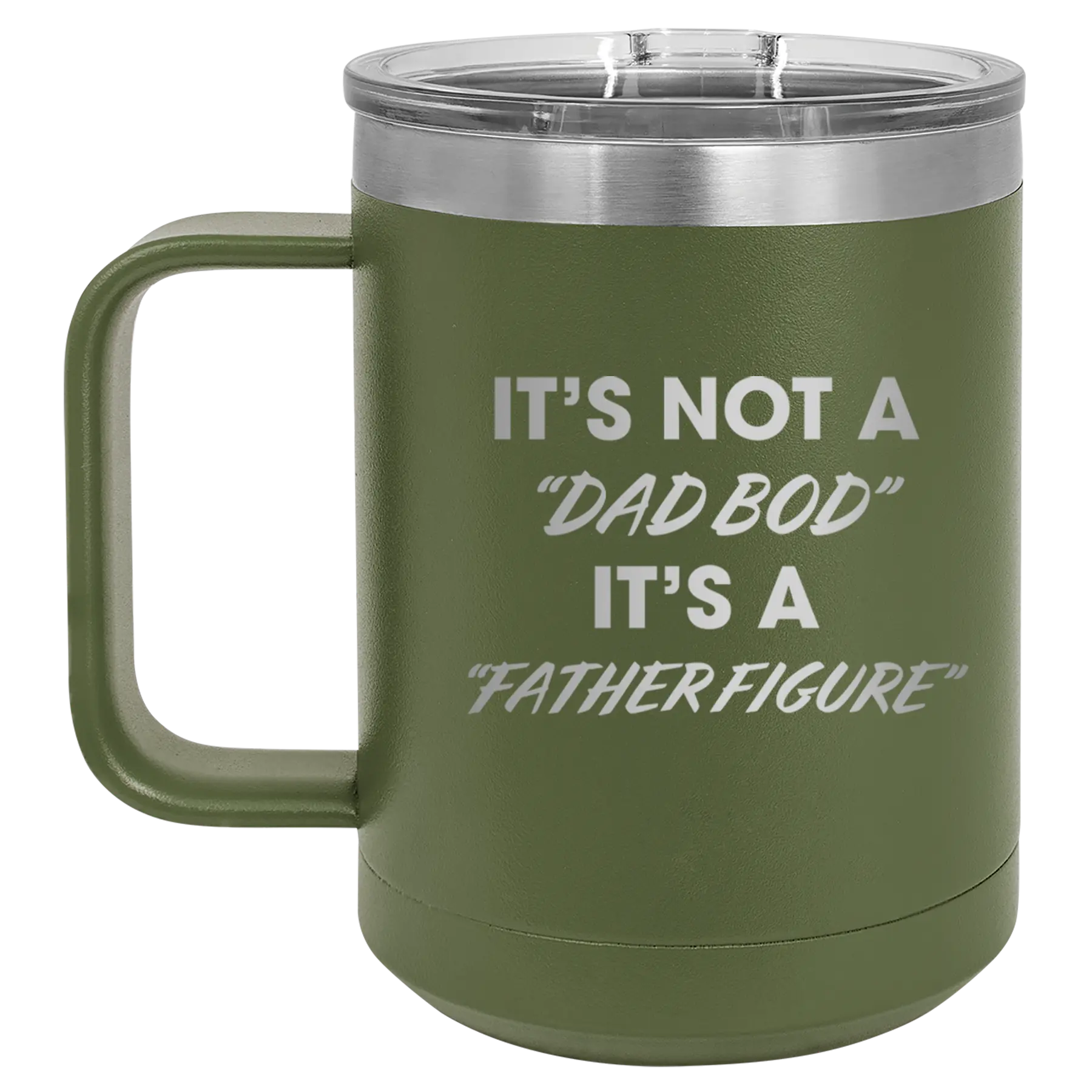 Personalized olive green 15 oz vacuum insulated coffee mug with etched 'Dad Bod' design