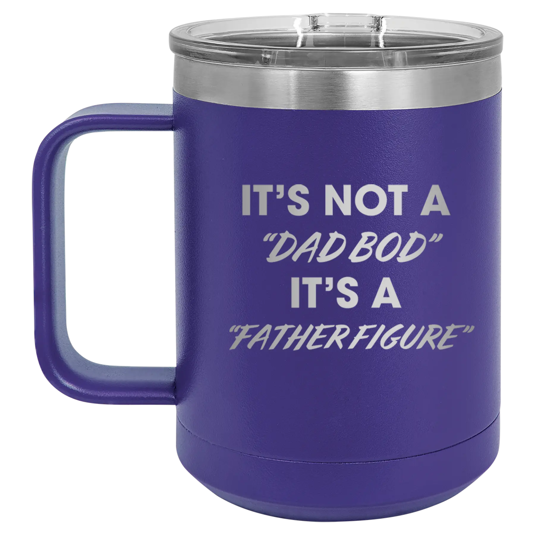 Personalized purple 15 oz vacuum insulated coffee mug with etched 'Dad Bod' design
