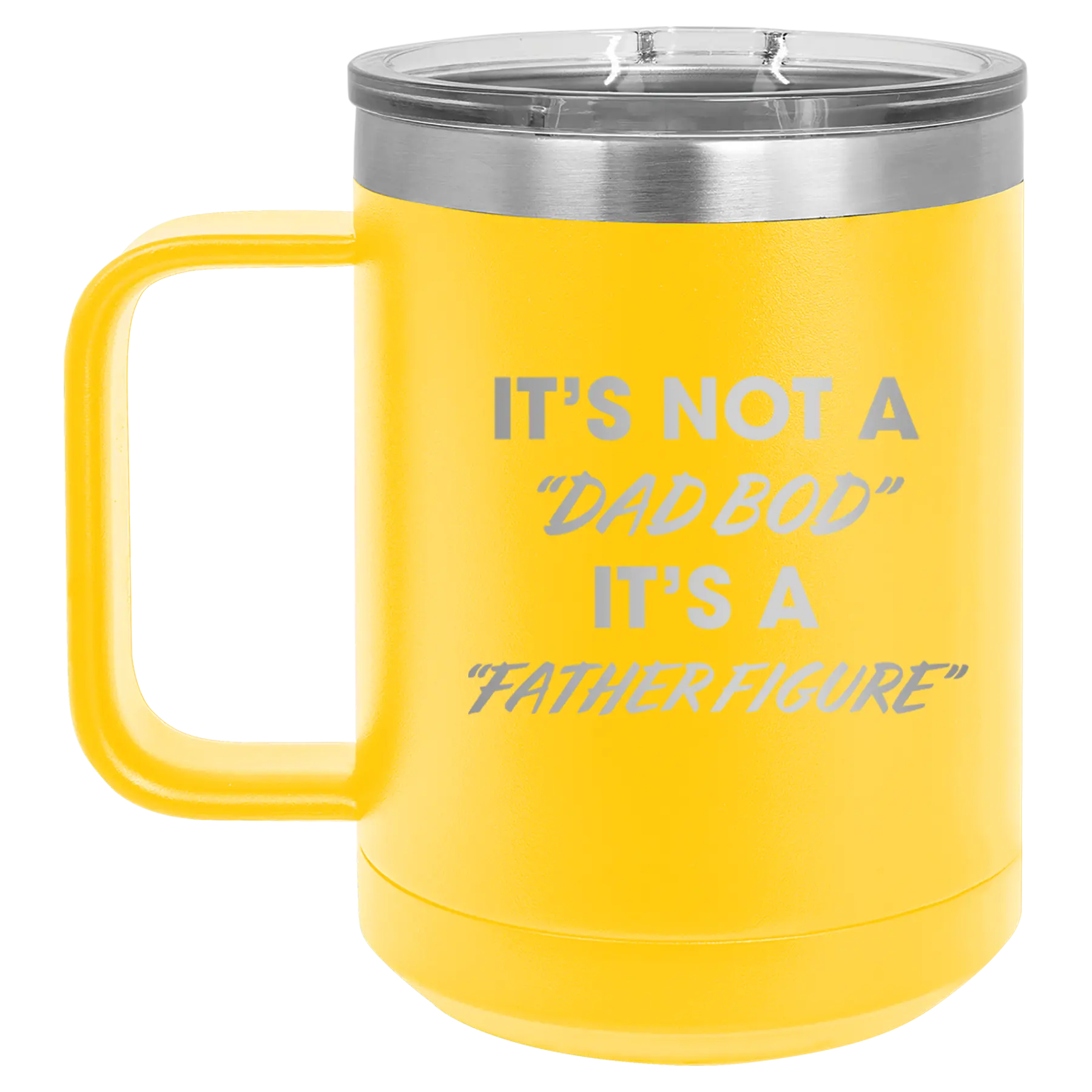 Personalized yellow 15 oz vacuum insulated coffee mug with etched 'Dad Bod' design