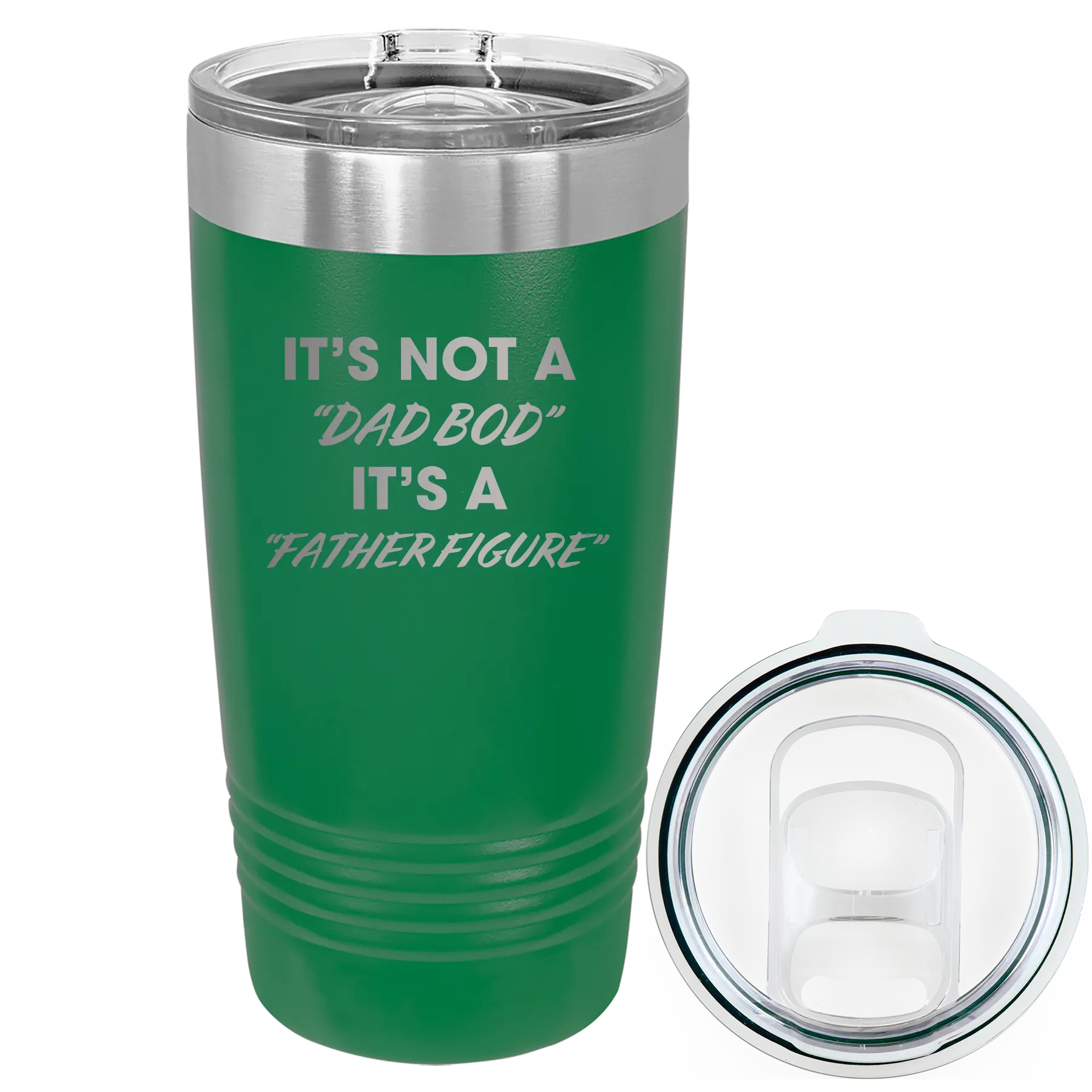 Laser etched green 20 oz vacuum insulated tumbler with 'Dad Bod' design