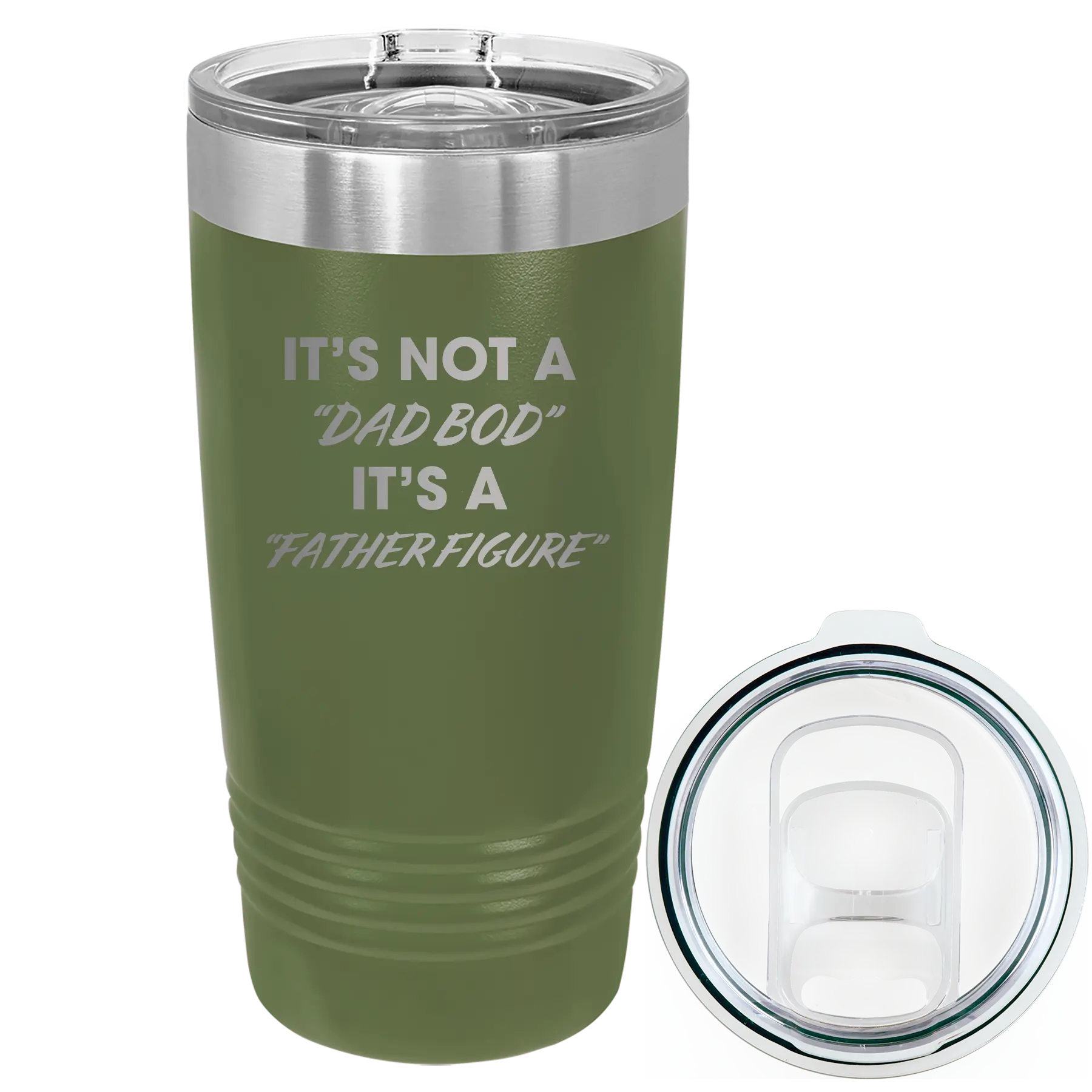Laser etched olive green 20 oz vacuum insulated tumbler with 'Dad Bod' design