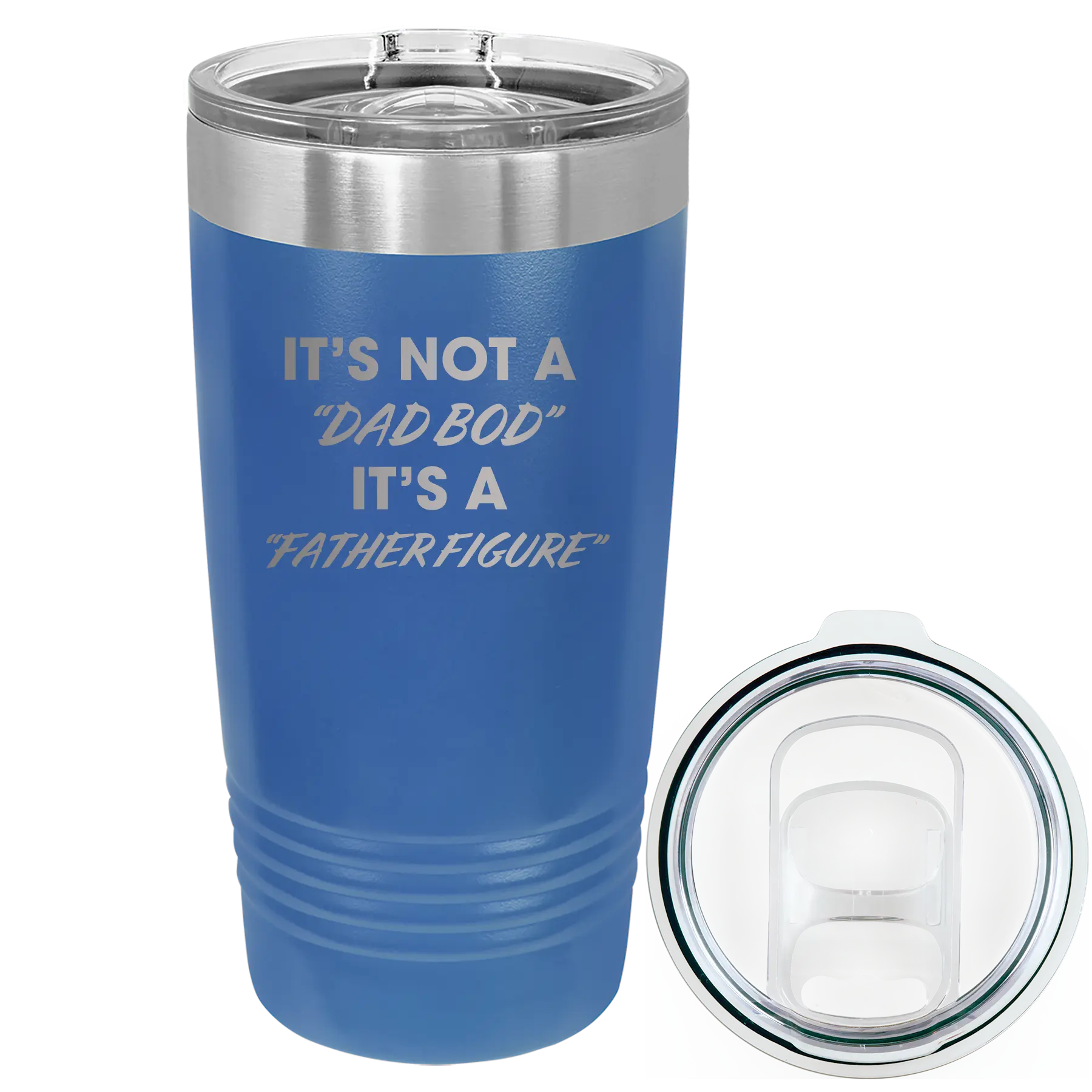 Laser etched royal blue 20 oz vacuum insulated tumbler with 'Dad Bod' design