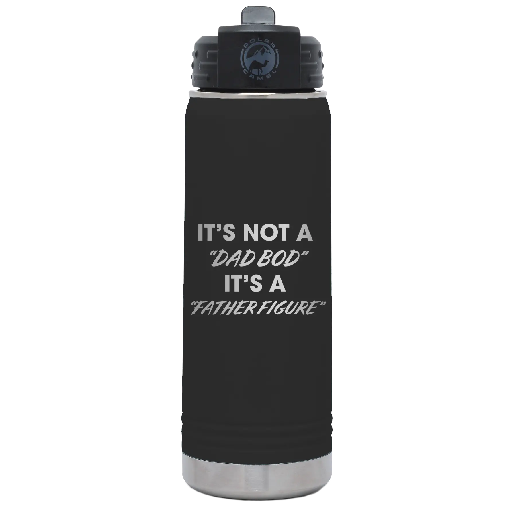 Laser etched black 20 oz vacuum insulated water bottle with 'Dad Bod' design