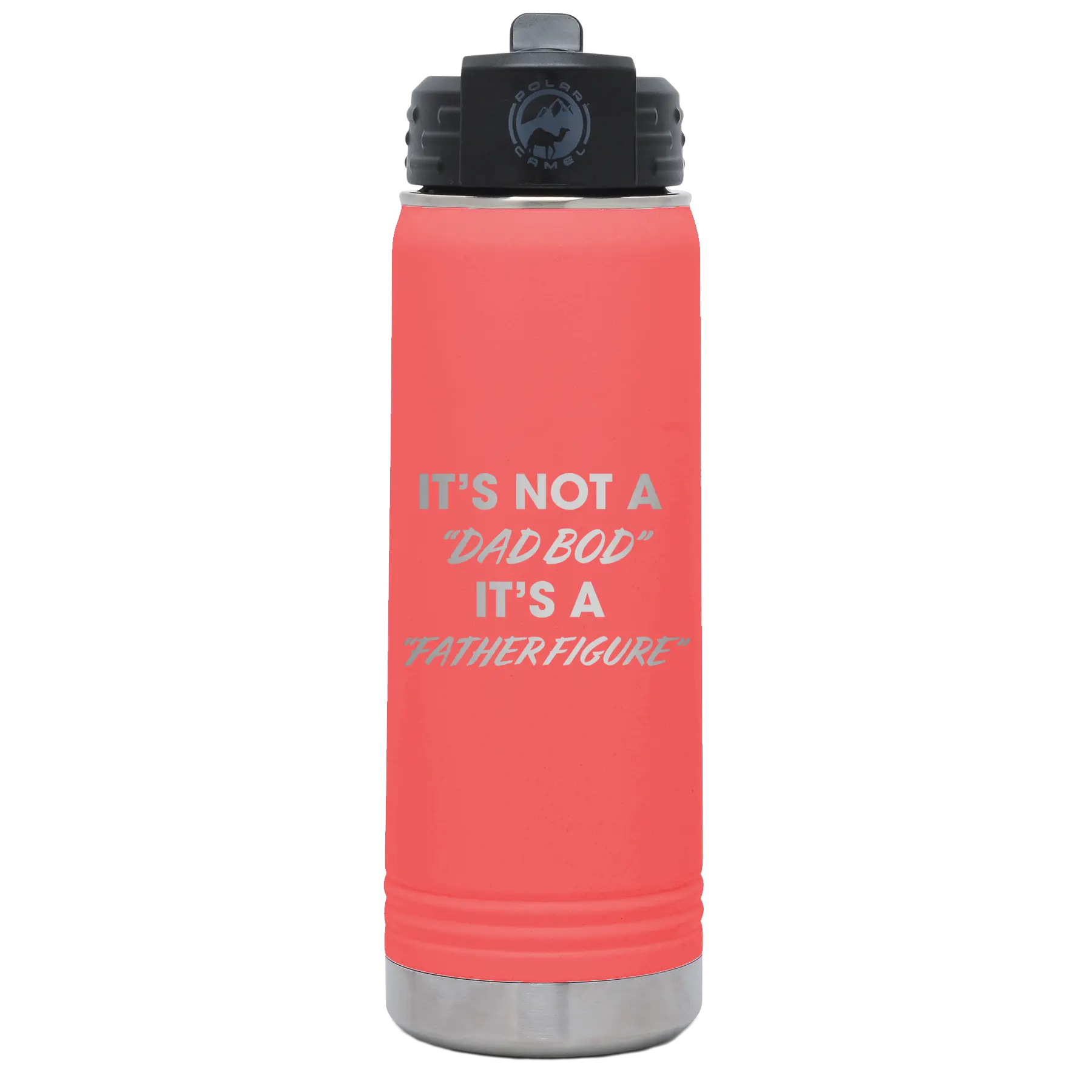 Laser etched coral 20 oz vacuum insulated water bottle with 'Dad Bod' design