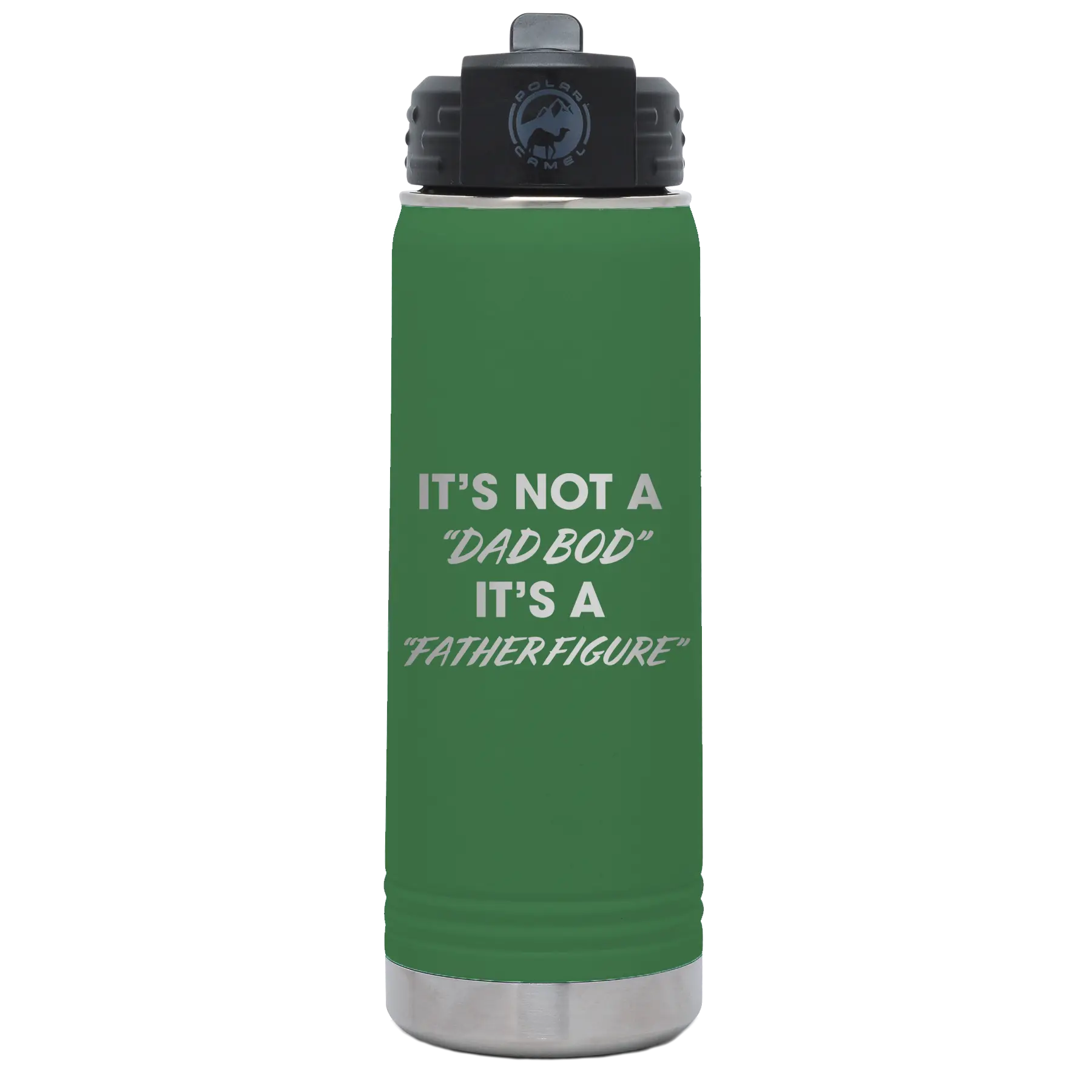 Laser etched green 20 oz vacuum insulated water bottle with 'Dad Bod' design