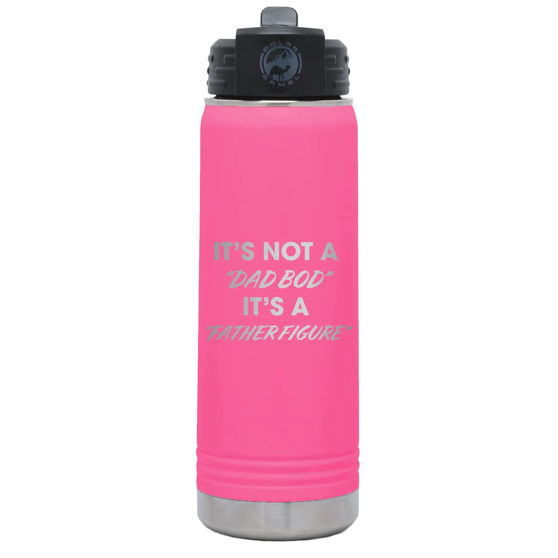Laser etched pink 20 oz vacuum insulated water bottle with 'Dad Bod' design