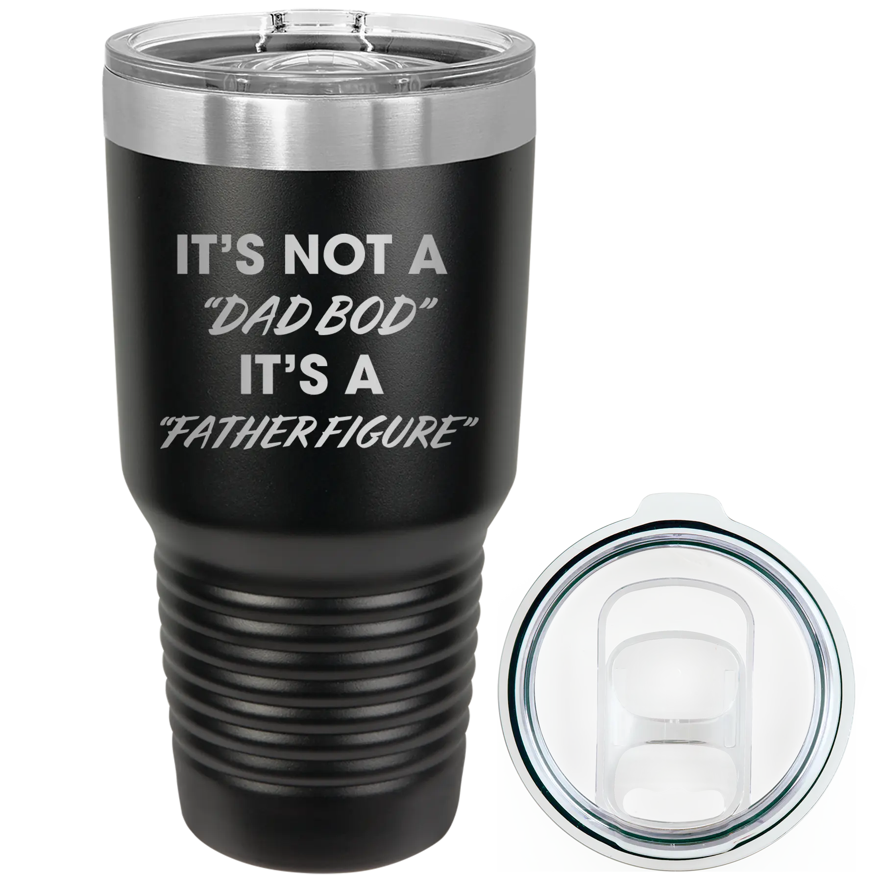 Laser etched black 30 oz vacuum insulated tumbler with 'Dad Bod' design