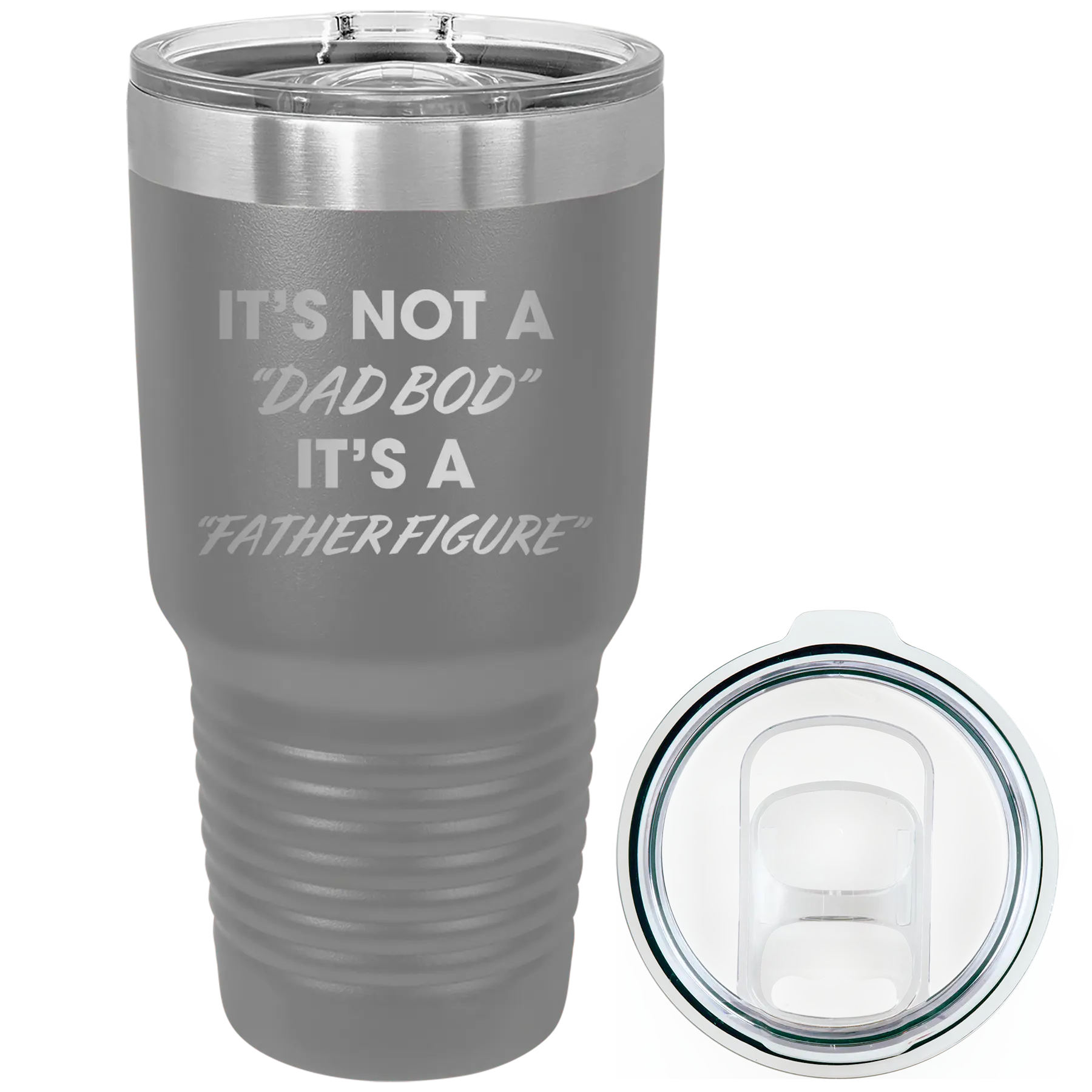 Laser etched dark gray 30 oz vacuum insulated tumbler with 'Dad Bod' design