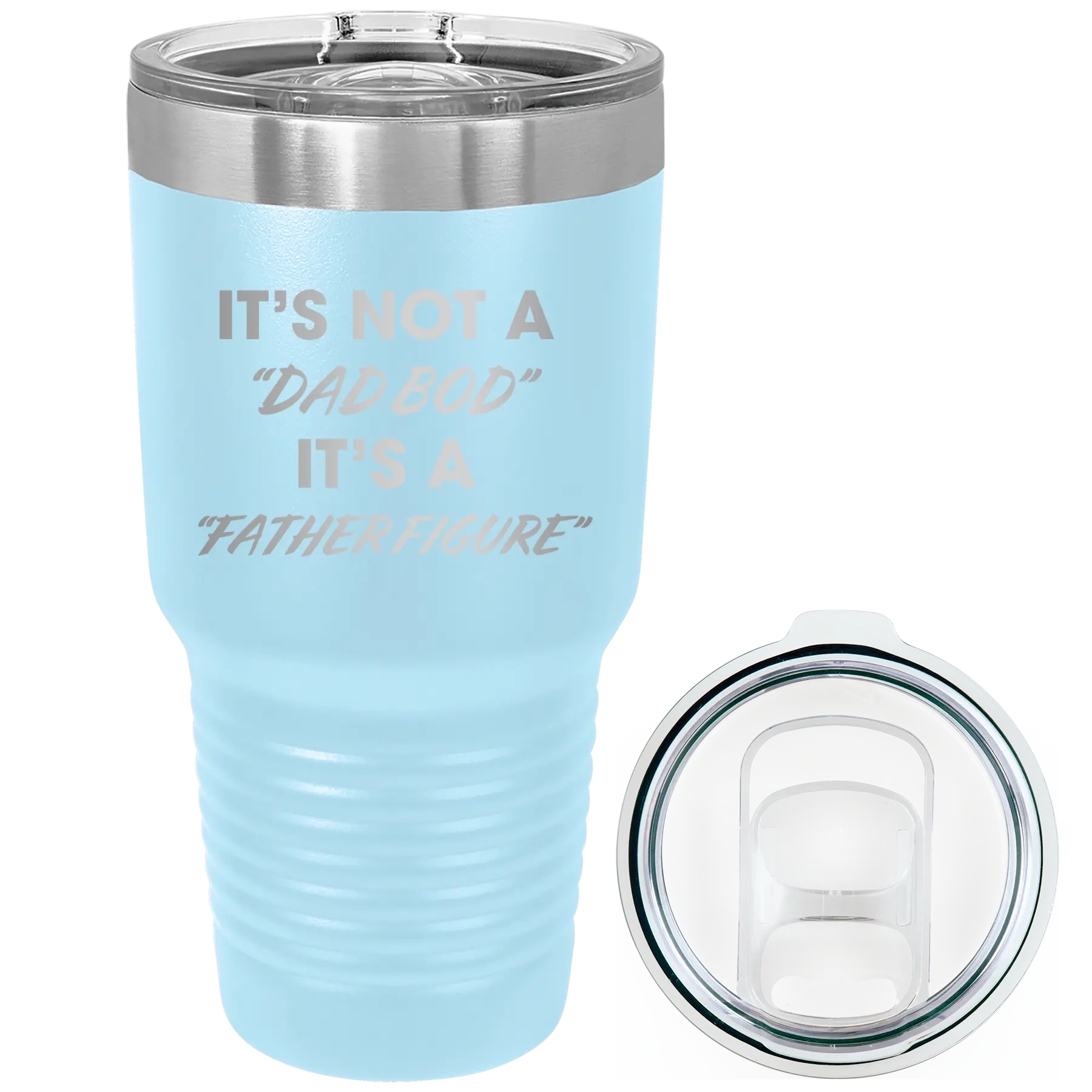Laser etched light blue 30 oz vacuum insulated tumbler with 'Dad Bod' design