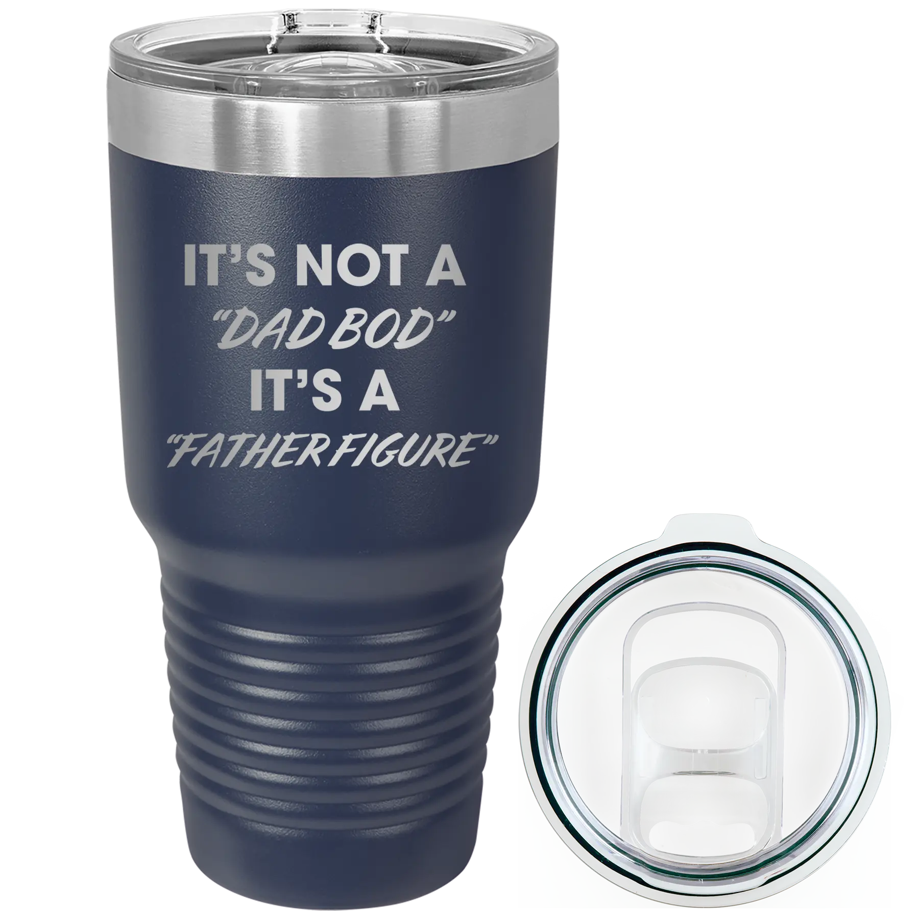 Laser etched navy 30 oz vacuum insulated tumbler with 'Dad Bod' design