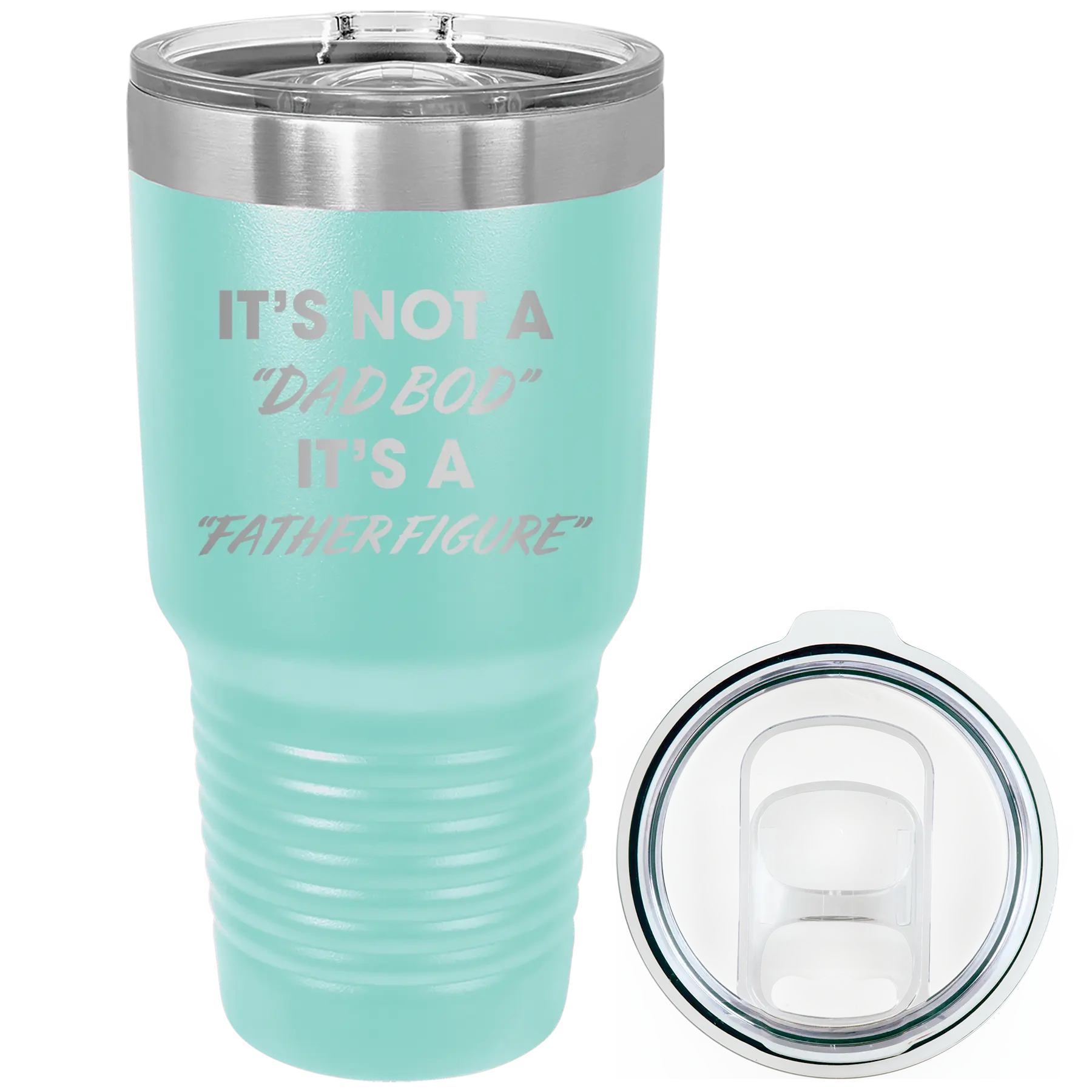 Laser etched teal 30 oz vacuum insulated tumbler with 'Dad Bod' design