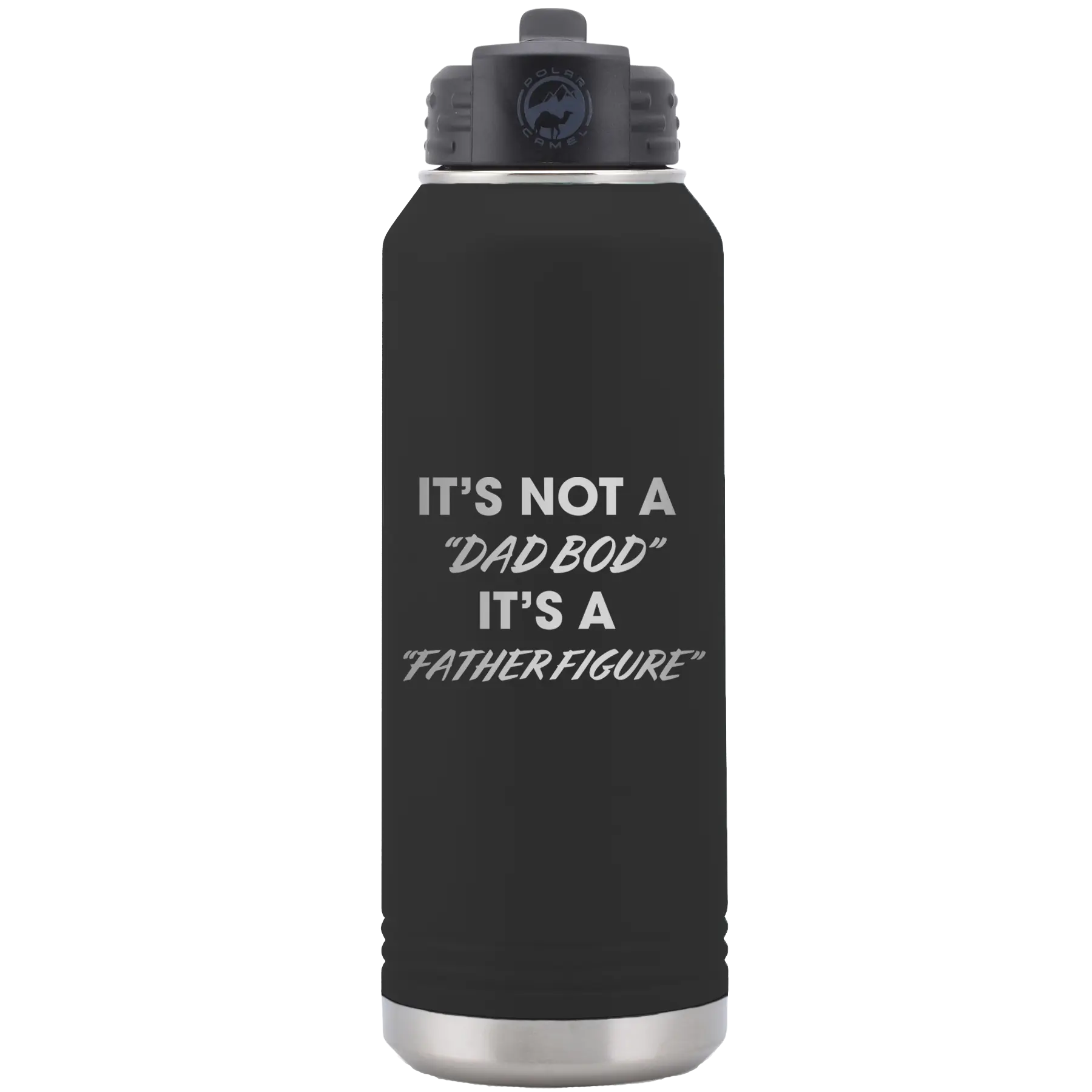 Laser etched black 32 oz vacuum insulated water bottle with 'Dad Bod' design