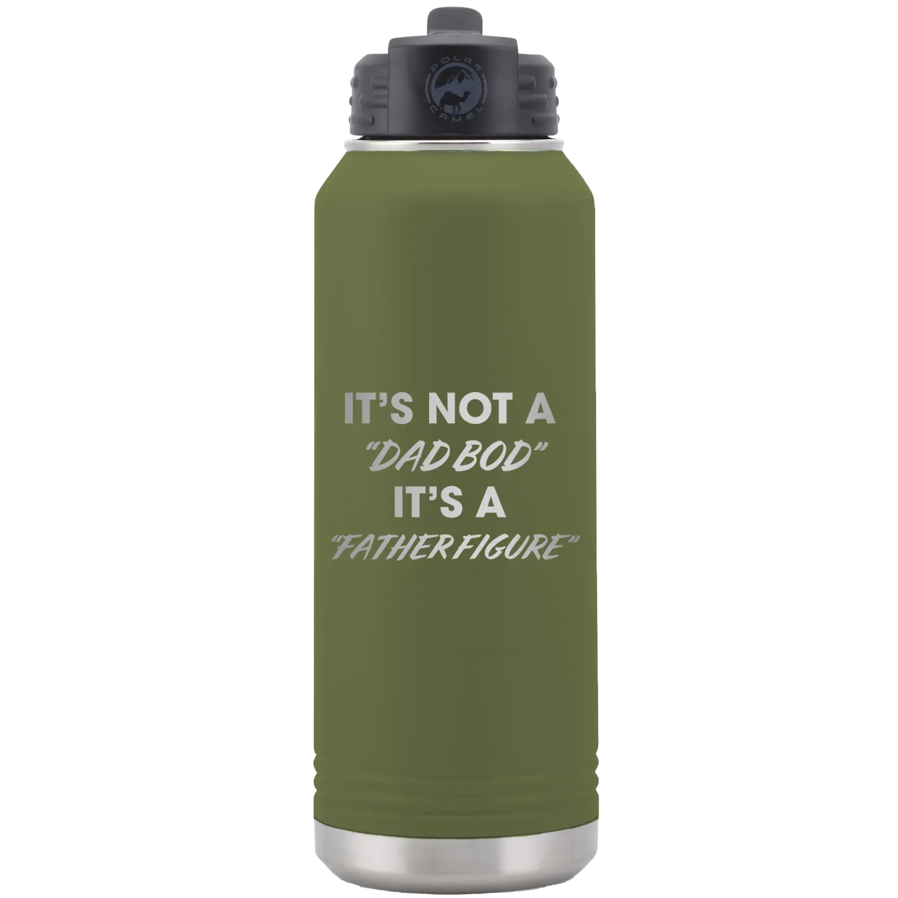 Laser etched olive green 32 oz vacuum insulated water bottle with 'Dad Bod' design