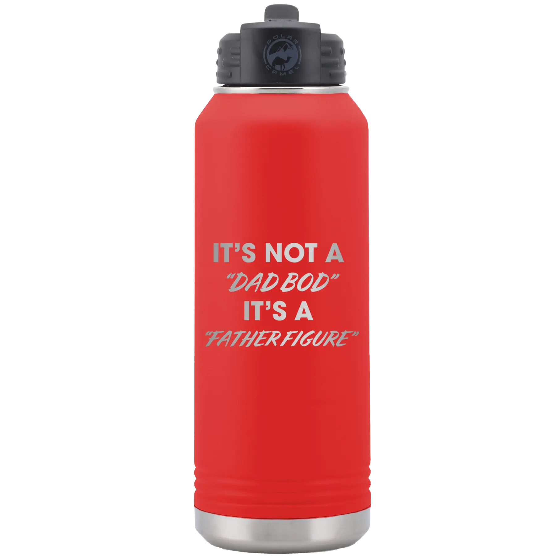 Laser etched red 32 oz vacuum insulated water bottle with 'Dad Bod' design