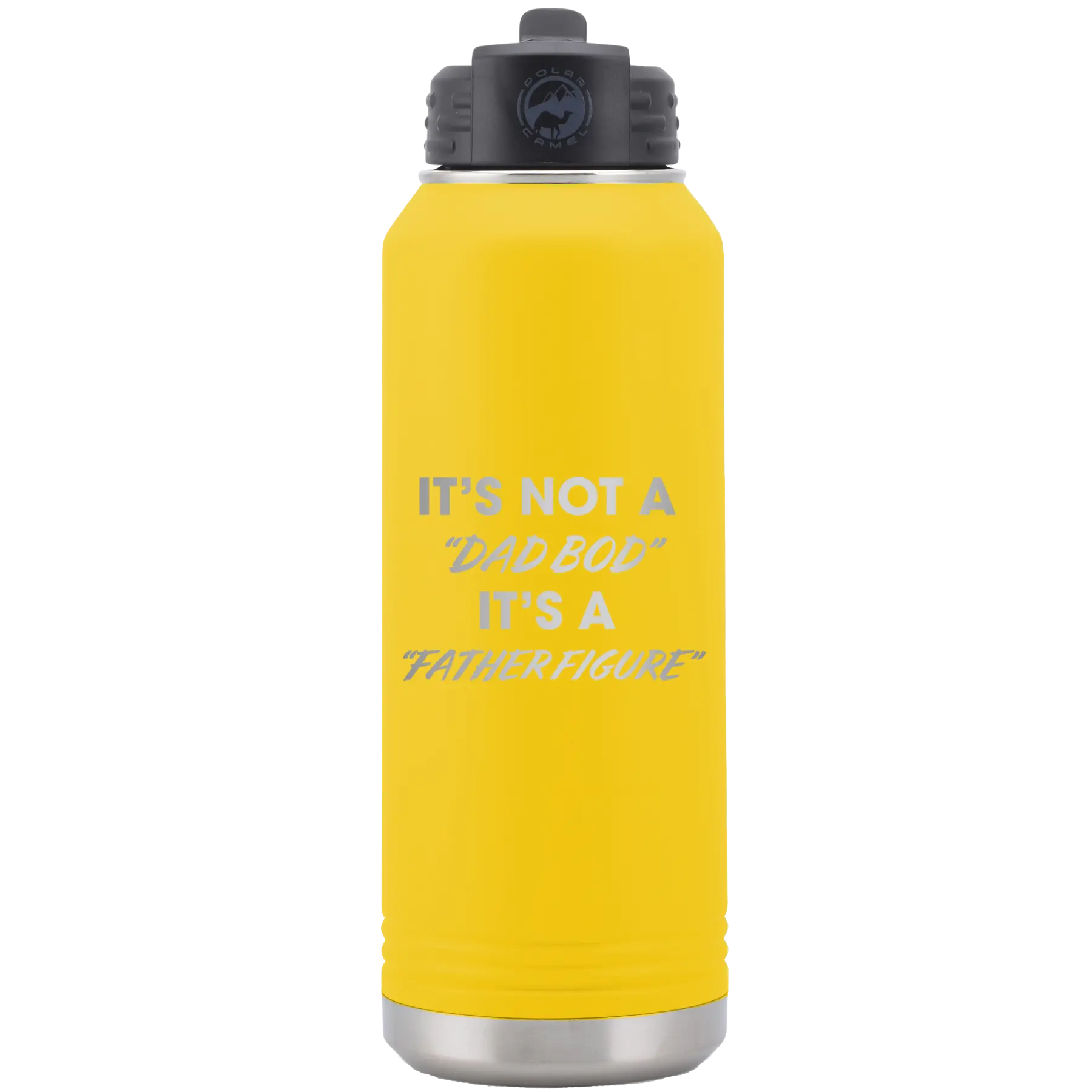 Laser etched yellow 32 oz vacuum insulated water bottle with 'Dad Bod' design