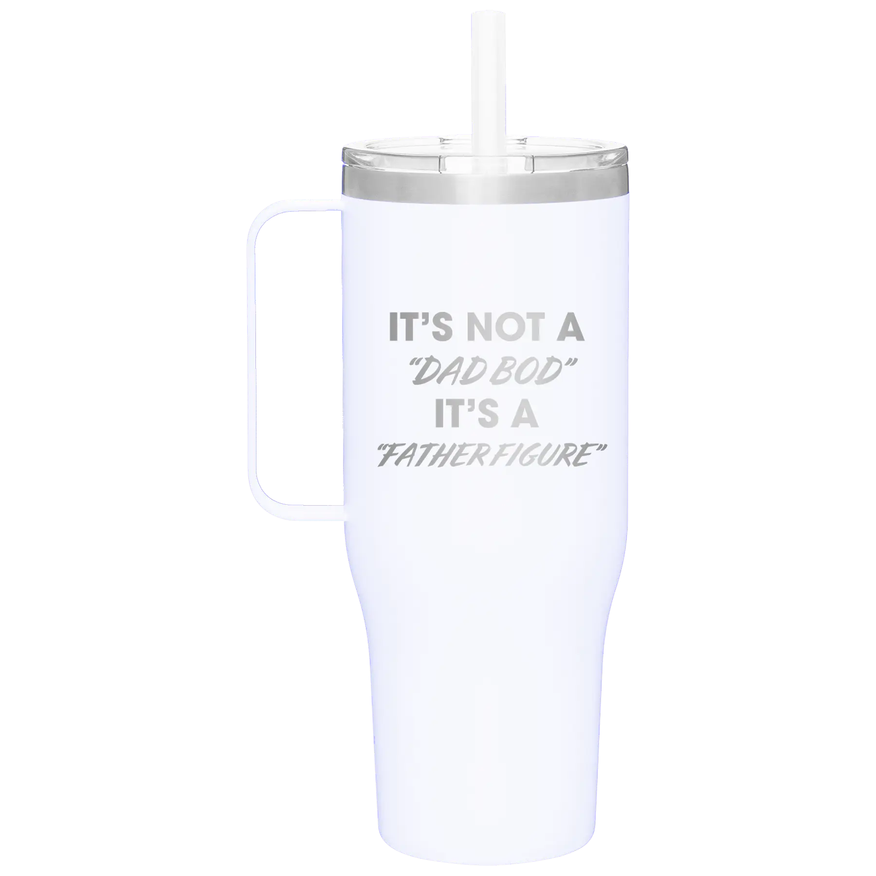 Personalized white 40 oz vacuum insulated tumbler mug with 'Dad Bod' design