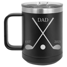 Personalized black 15 oz vacuum insulated coffee mug with etched 'Dad Est Golf Clubs' design