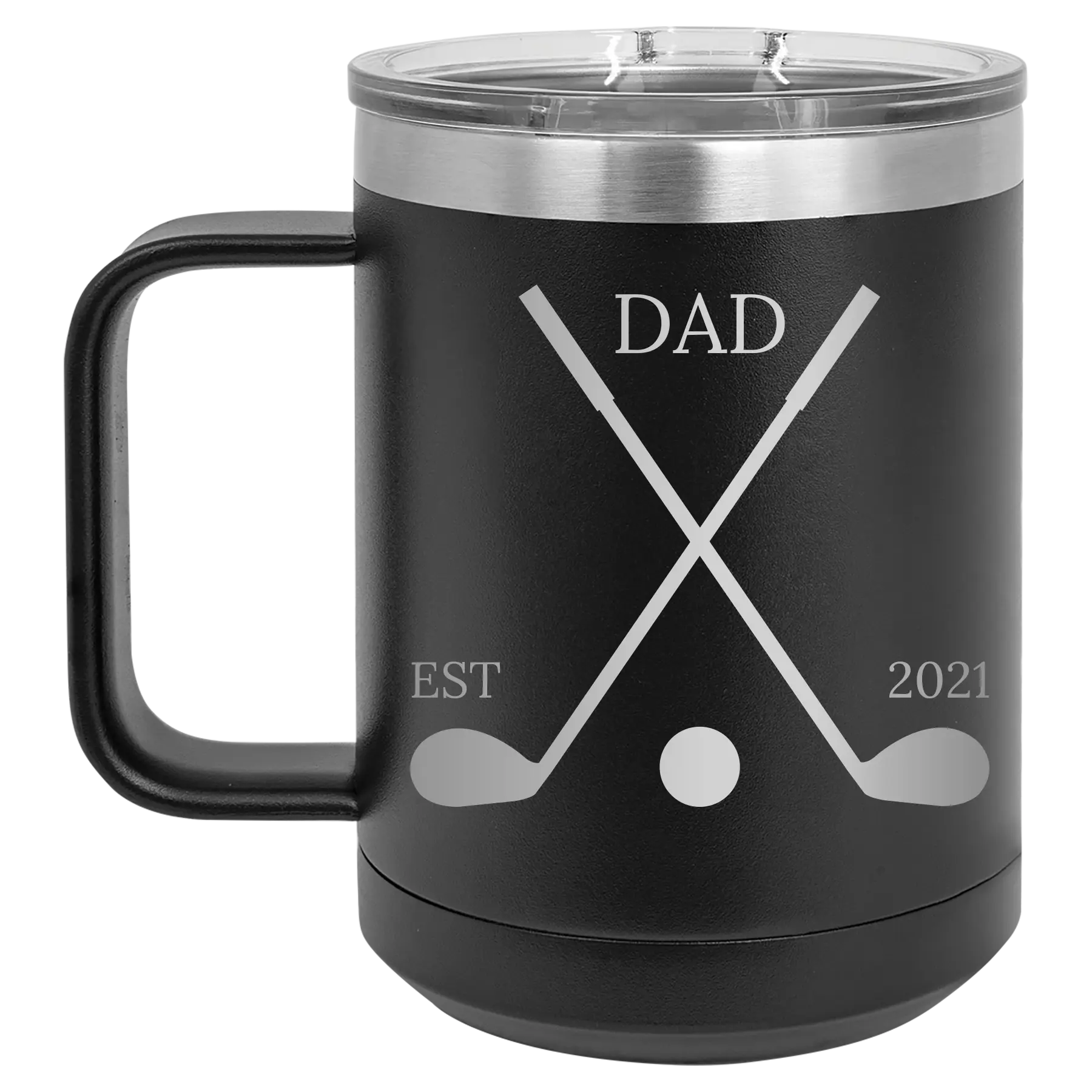 Personalized black 15 oz vacuum insulated coffee mug with etched 'Dad Est Golf Clubs' design