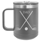 Personalized dark gray 15 oz vacuum insulated coffee mug with etched 'Dad Est Golf Clubs' design