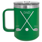 Personalized green 15 oz vacuum insulated coffee mug with etched 'Dad Est Golf Clubs' design