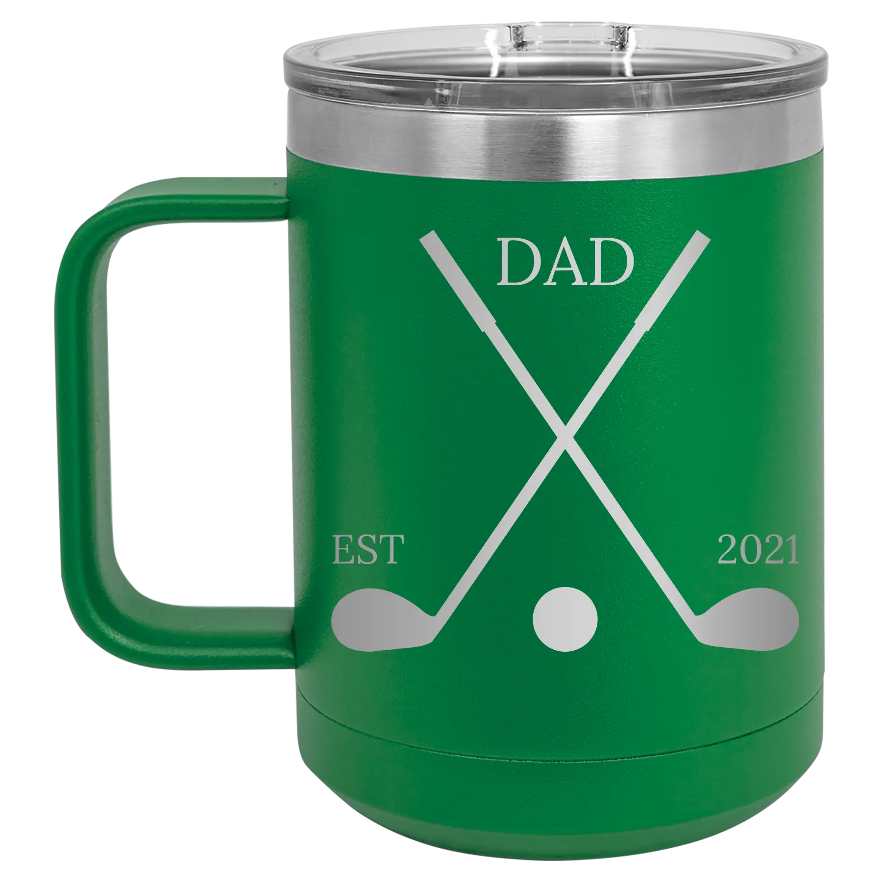 Personalized green 15 oz vacuum insulated coffee mug with etched 'Dad Est Golf Clubs' design