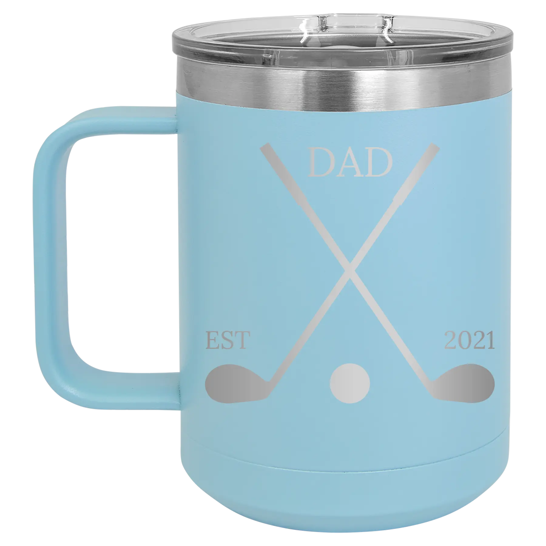 Personalized light blue 15 oz vacuum insulated coffee mug with etched 'Dad Est Golf Clubs' design