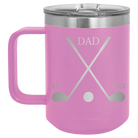 Personalized light purple 15 oz vacuum insulated coffee mug with etched 'Dad Est Golf Clubs' design