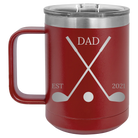 Personalized maroon 15 oz vacuum insulated coffee mug with etched 'Dad Est Golf Clubs' design