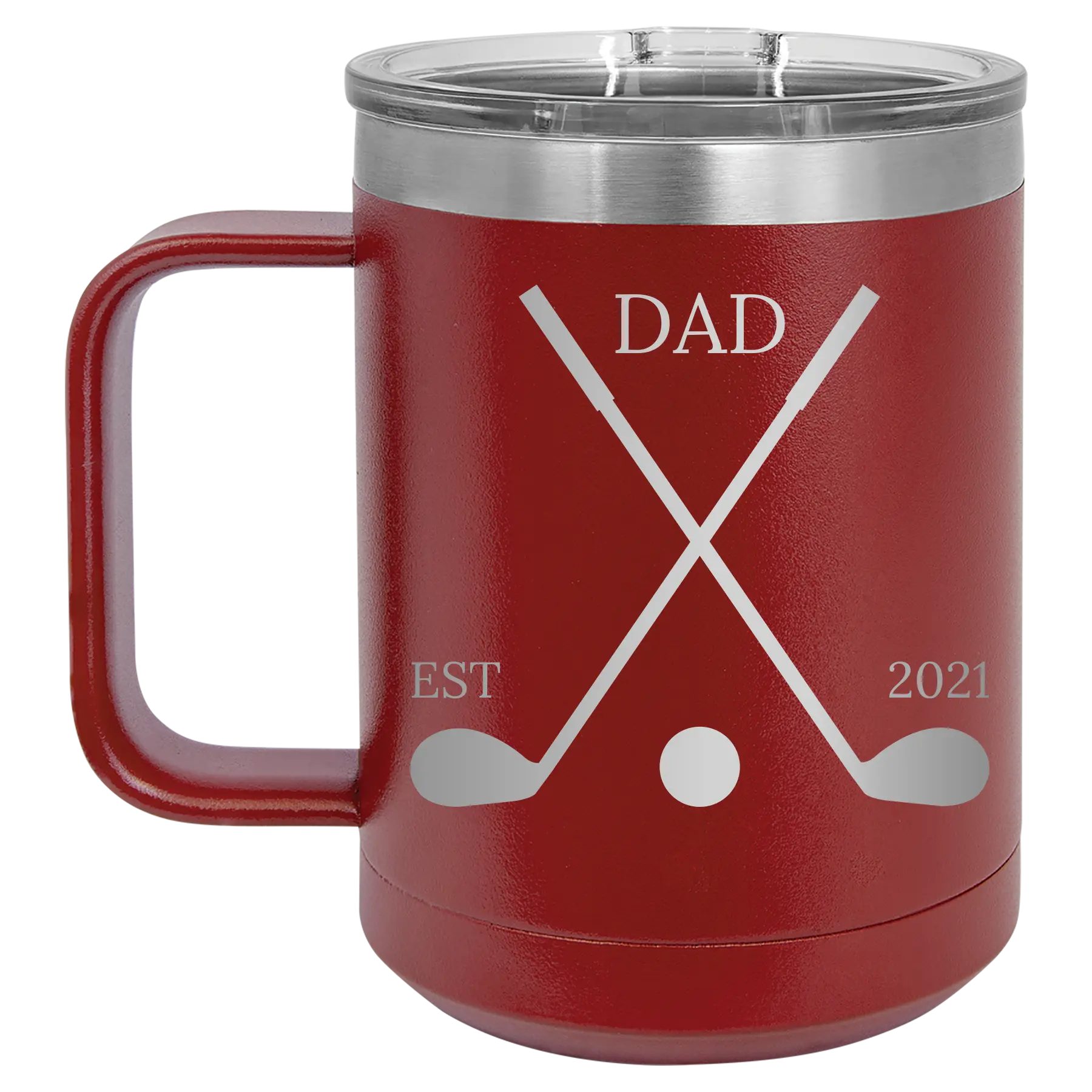 Personalized maroon 15 oz vacuum insulated coffee mug with etched 'Dad Est Golf Clubs' design