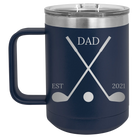 Personalized navy 15 oz vacuum insulated coffee mug with etched 'Dad Est Golf Clubs' design