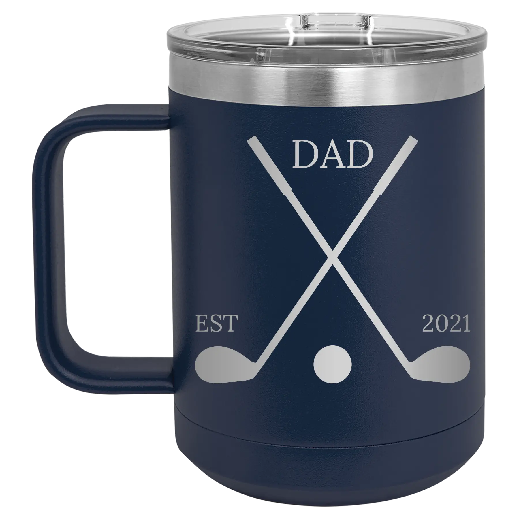 Personalized navy 15 oz vacuum insulated coffee mug with etched 'Dad Est Golf Clubs' design