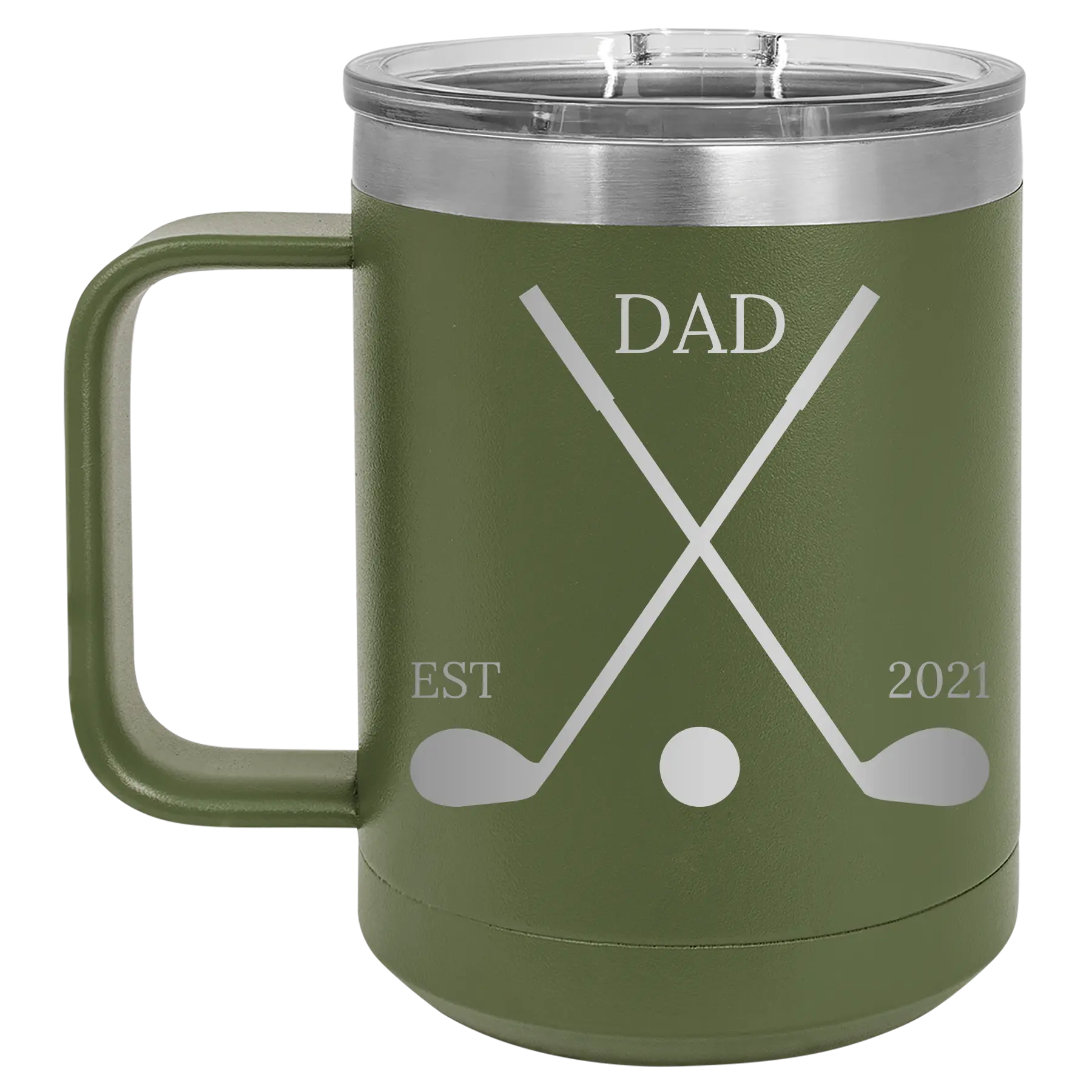 Personalized olive green 15 oz vacuum insulated coffee mug with etched 'Dad Est Golf Clubs' design
