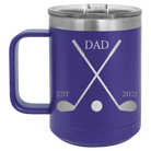 Personalized purple 15 oz vacuum insulated coffee mug with etched 'Dad Est Golf Clubs' design