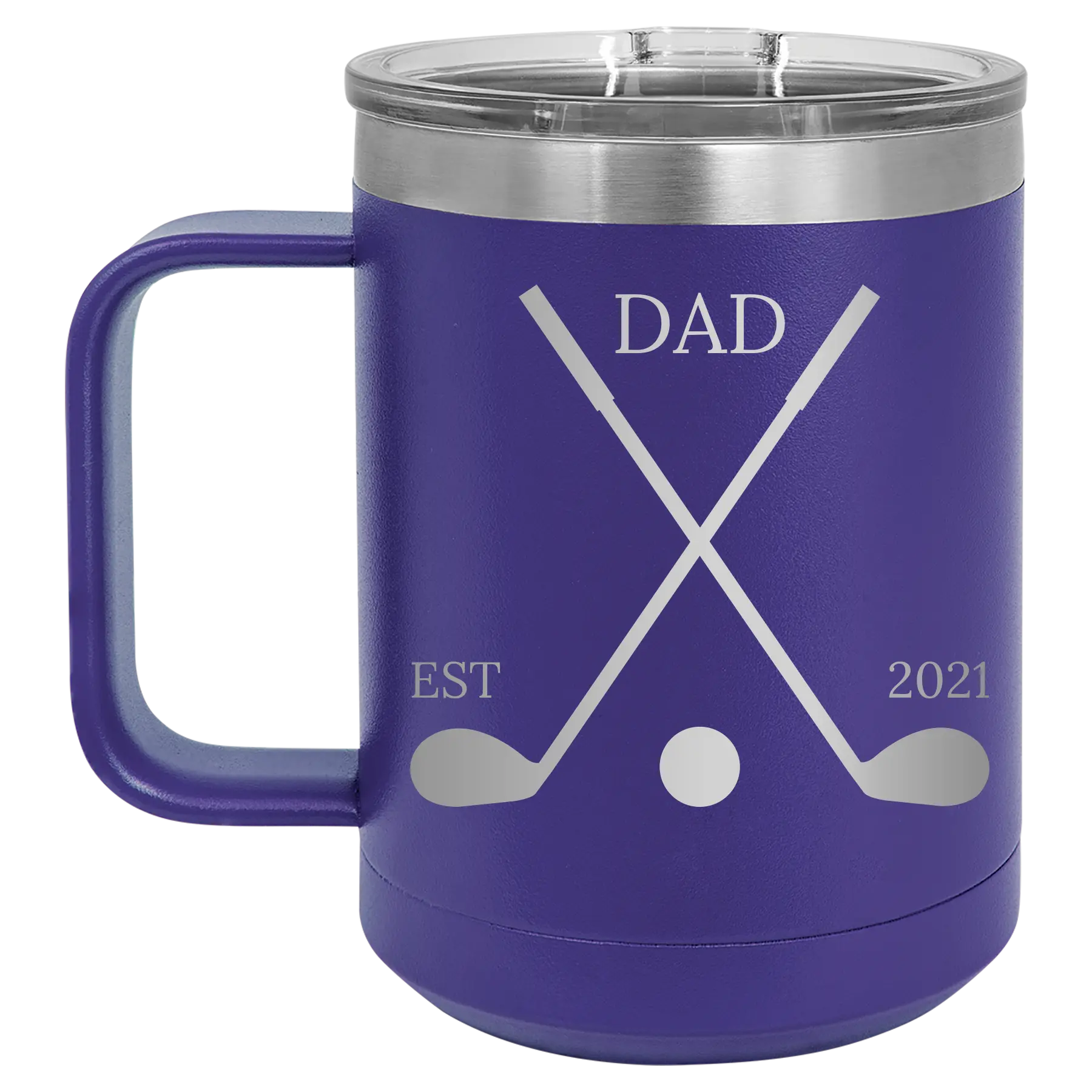 Personalized purple 15 oz vacuum insulated coffee mug with etched 'Dad Est Golf Clubs' design