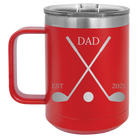 Personalized red 15 oz vacuum insulated coffee mug with etched 'Dad Est Golf Clubs' design
