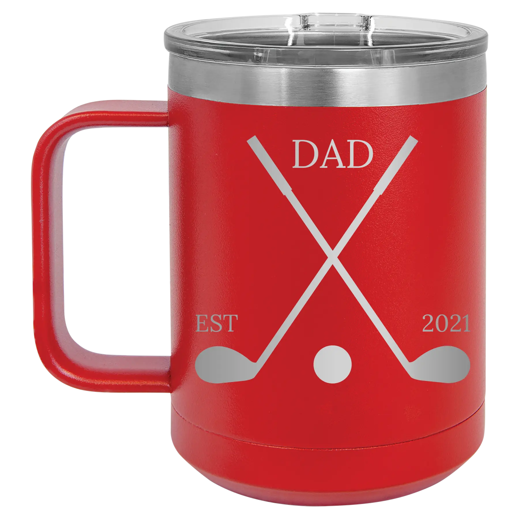Personalized red 15 oz vacuum insulated coffee mug with etched 'Dad Est Golf Clubs' design
