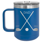 Personalized royal blue 15 oz vacuum insulated coffee mug with etched 'Dad Est Golf Clubs' design